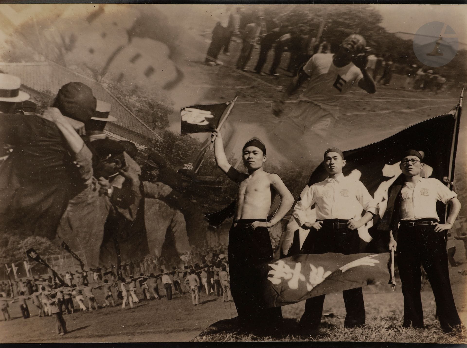 Unidentified photographer 
Japan, c. 1930. 
Kumamoto School of Engineering, Department of Electricity and Technology. Soldiers. School children. Factory. Bathing. Sports. Cinema. Games. Military exercises. Portrait mosaics with Mussolini and Hitler. Photomontages. 
Album in-4, titled on the first cover, composed of 78 silver prints. Many handwritten captions in Japanese on the mounts and on the prints. 
Sizes : from 5 x 5 to 17,5 x 21,7 cm 
 
We thank Mr. Frantz Fray for his translations

. 
 


Unidentified photographer 
Japan, c. 1930. 
Kumamoto School of Engineering, Department of Electricity and Technology. Soldiers. School children. Factory. Bath. Sports. Cinema. Games. Military exercises. Mosaics of portraits with Mussolini and Hitler. Photomontages. 
4to album, titled on cover, composed of 78 gelatin silver prints. Numerous handwritten captions in Japanese on mounts and on the prints. 
Dimensions : from 5 x 5 to 17.5 x 21.7 cmWe

thank Frantz Fray for his translations

.











