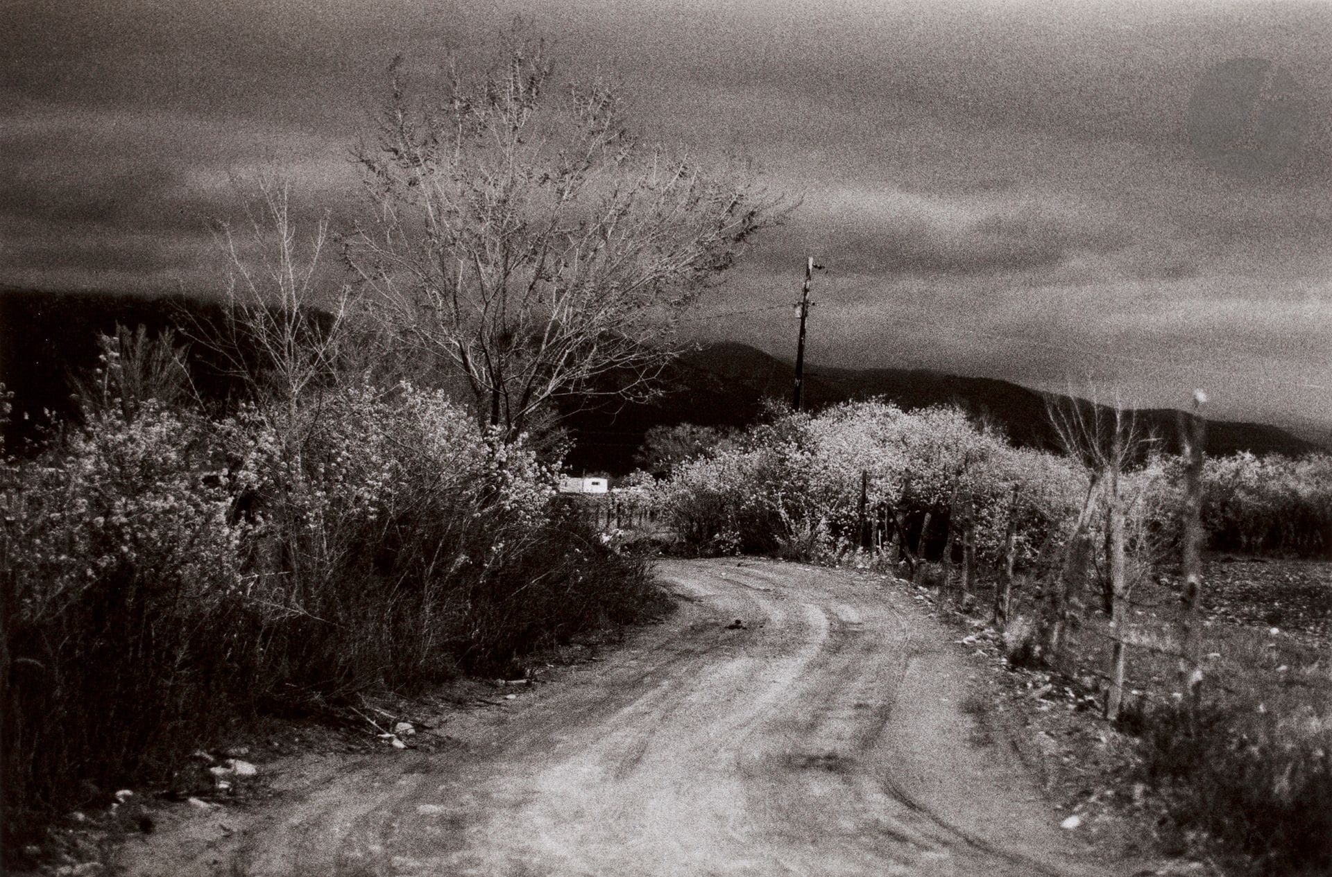 Bernard Plossu (1945) 
New Mexico. Taos [road], 1978. 
Silver print (c. 1980). Signatures and dedications of the photographer and the photographer Philippe Salaün in pencil on the reverse. 
Image: 18 x 27 cm 
Sheet: 24 x 30.2 cmBernard

Plossu (1945)
New Mexico. Taos [road], 1978.
gelatin silver print (c. 1980). Photographer's and printer's signature, dedication in pencil on verso.
Image: 18 x 27 cmPaper
: 24 x 30.2 cm









