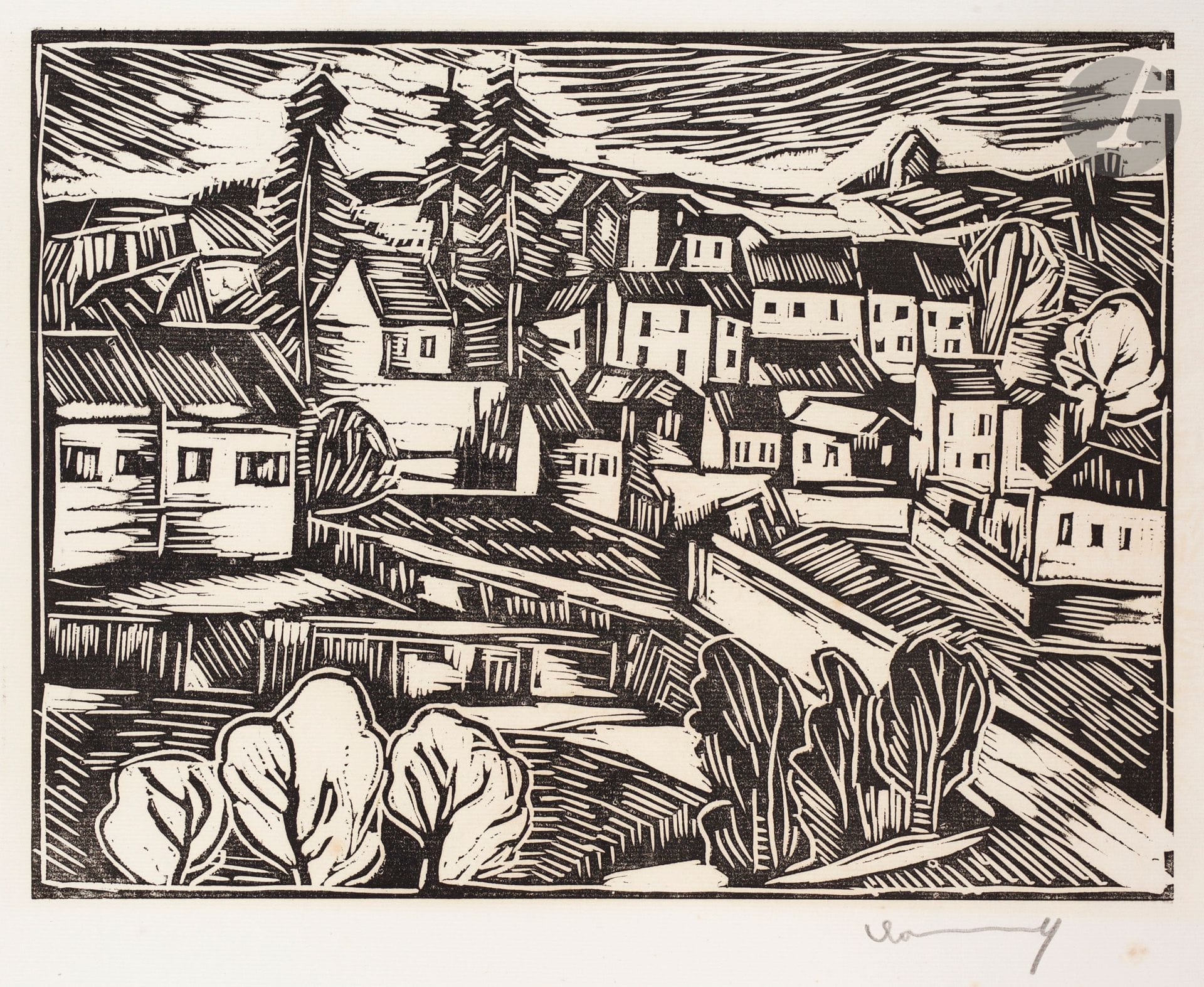 Maurice de Vlaminck (1876-1958) 
Montval. 1913. Engraved wood. 336 x 256. Walterskirchen 8. Nice proof on thin white laid paper watermarked "Van Gelder Zonen", signed in pencil. Minor soiling and light foxing at the margins. Slight trace of oxidation at the bottom of the subject. All margins. Edition announced at 60 proofs. Ex-coll. H. M.Petiet (Lugt 5031).
