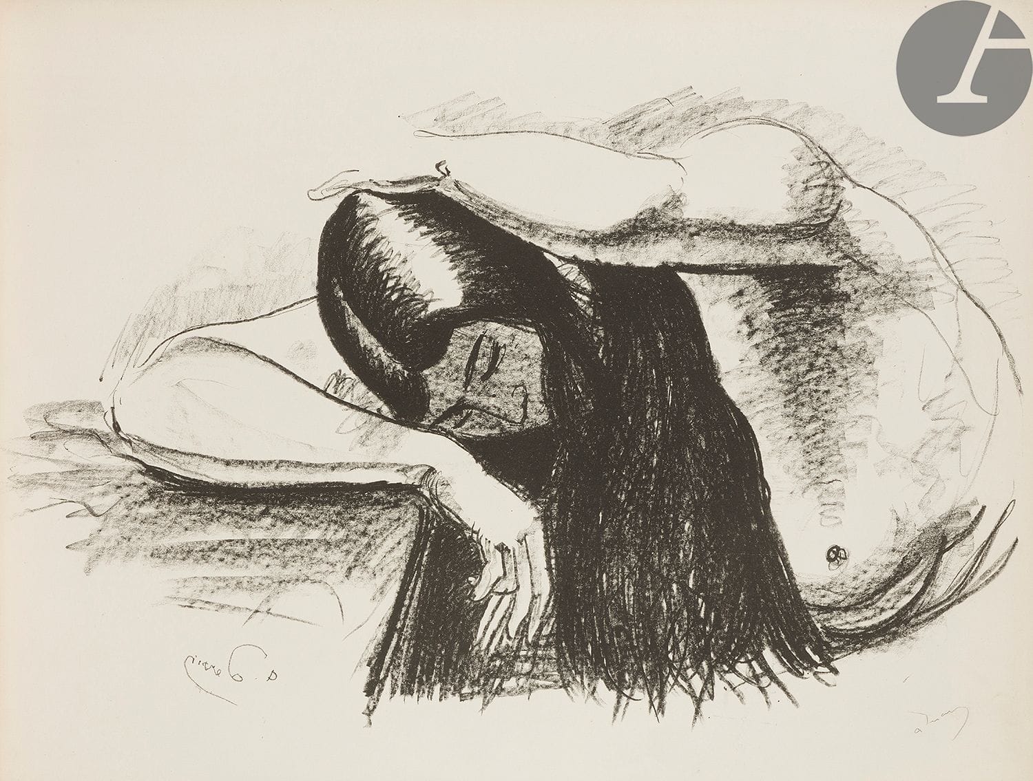 André Derain (1880-1954
) Woman in bust turned to the left, long hair. About 1927. Lithograph. [650 x 505]. Adhémar 76-2. Very nice proof on vellum, numbered and signed in pencil. Annotated at the foot by H. M. Petiet : " Tirée à 25 épreuves n° 6 ". All margins.
