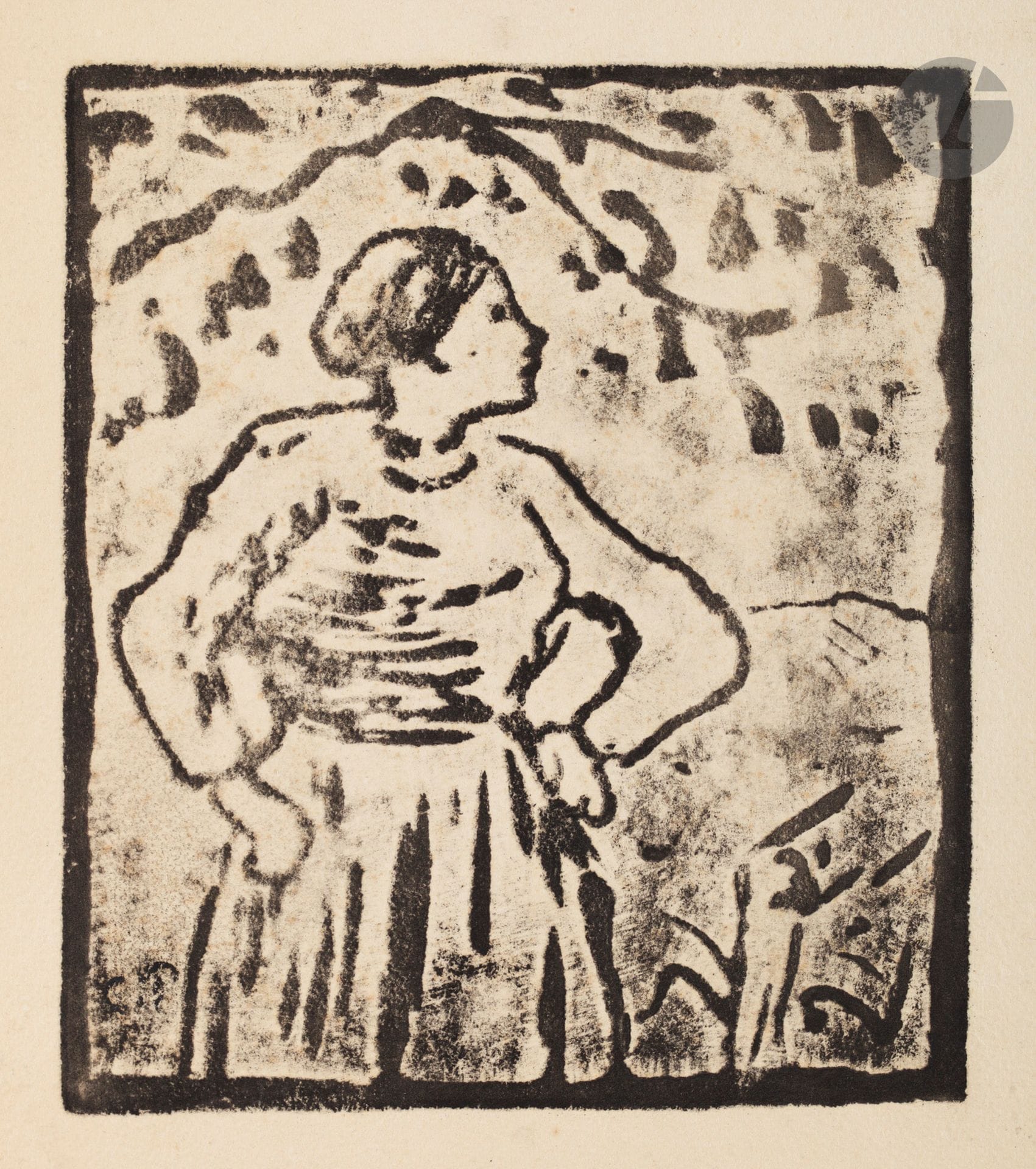 Camille Pissarro (1830-1903) 
Peasant woman under a tree. About 1895-1900. Zinc print. 123 x 140. Delteil not described; Cailac (revised edition of Delteil, Alan Wofsy Fine Arts, 1999) 195. A very fine proof on cream vellum. All margins untrimmed [248 x 163]. Very rare. Ex-coll. H. M.Petiet (Lugt 5031). {
The Cabinet des estampes has the plate engraved, and even carved, by Pissarro, since the metal is carved like wood, the drawing having been reserved, perhaps with a varnish (...) Thus this plate would date from the time when Camille collaborated with his son. On the reverse of the plate there is a sketch of a peasant at work, in the spirit of the studies for Les Travaux des Champs. It is possible that this research dates from the holidays Lucien spent in Éragny in July-August 1895, during which the plans to work together on Les Travaux des champs took shape..." (Catalogue of the exhibition at the Bibliothèque nationale, 1974, quoted by J. Cailac).

