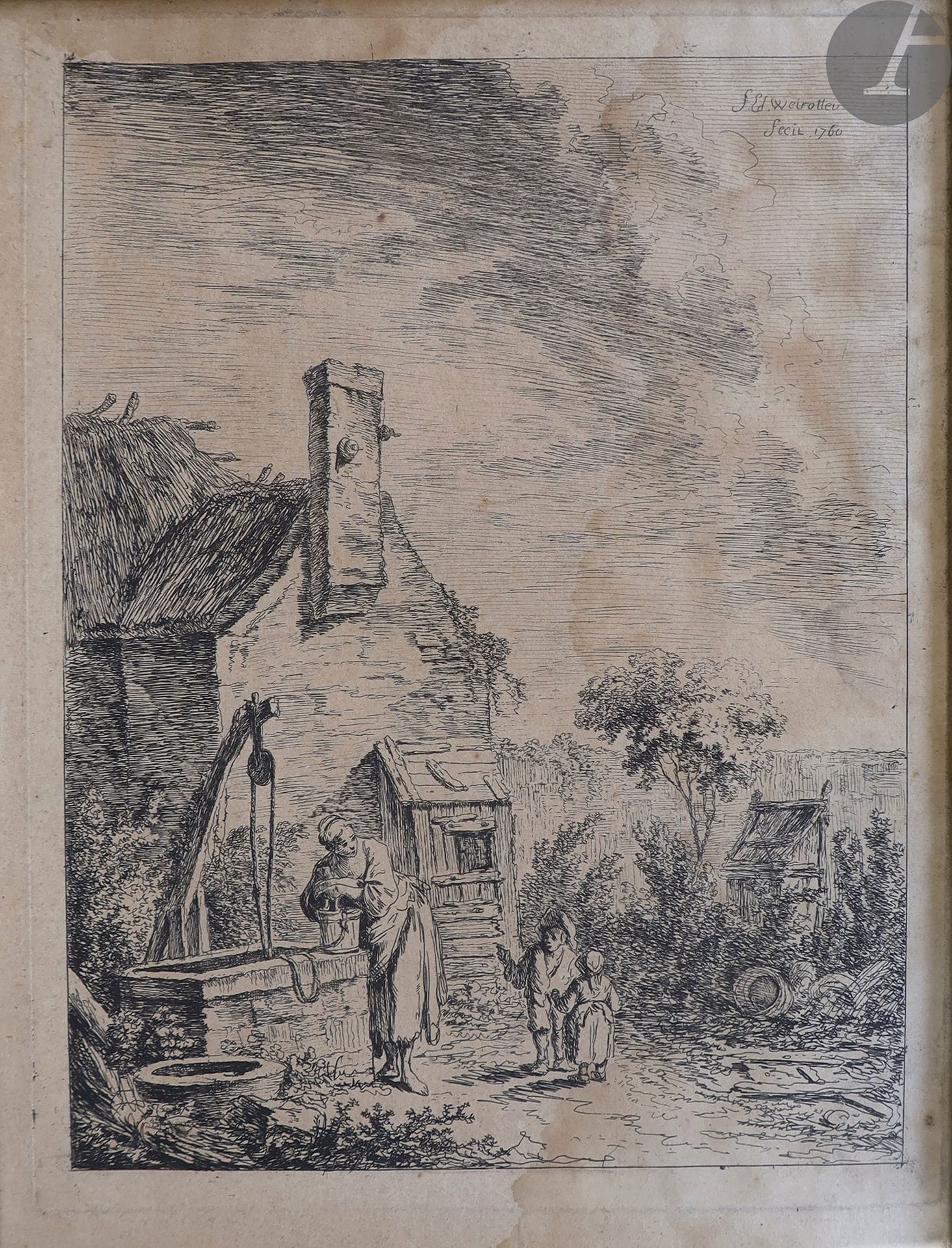 Franz Edmund Weirotter (1733-1771
)Woman at the Well; Four Figures Lunching by the Road. 1760. etching. 180 x 236. Some foxing and dampness. Frames. Set. 2 p.
