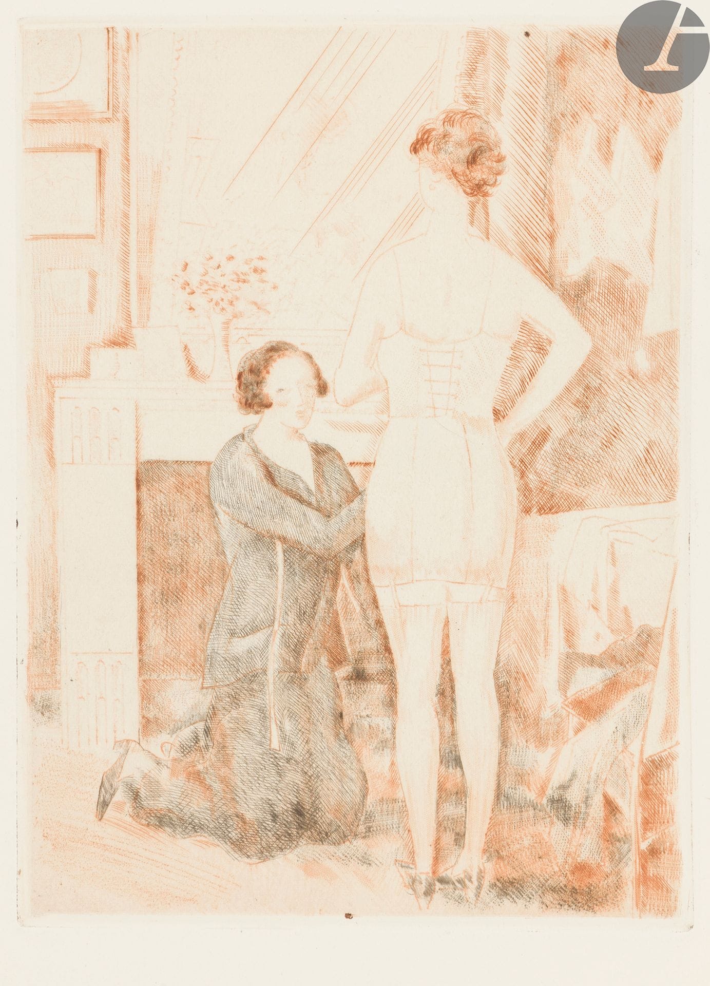 Jean-Émile Laboureur (1877-1943)
Chez la corsetière. 1934. Vernis mou, pointe sèche et roulette. 149 x 208. Laboureur 494. Impression en deux tons (bleu gris et sanguine). Très belle épreuve du « bon à tirer » sur vélin blanc, annotée dans l’angle inférieur gauche du feuillet au crayon : « bon/jel » . Toutes marges. Tirage définitif à 22 épreuves (malgré les 84 annoncées).
