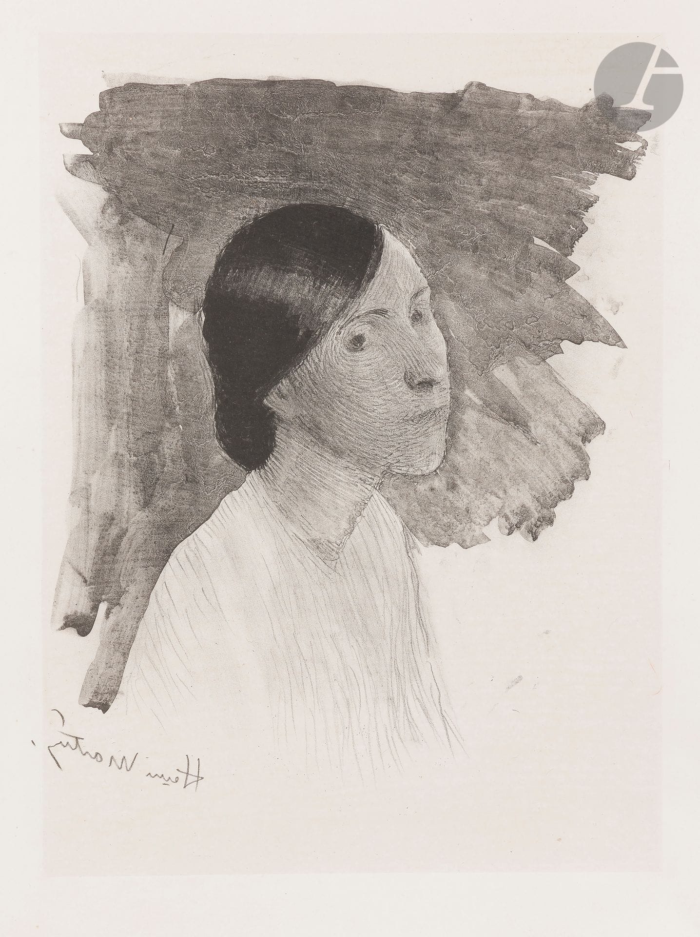 Henri Martin (1860-1943)
Rêverie. 1892. Lithographie. 230 x 280. I.F.F. 1. Très belle épreuve sur chine appliqué, du tirage pour l’Album des Peintres-Lithographes. Légères rousseurs au verso et infimes accidents aux bords du feuillet. Toutes marges. Tirage total à 100 épreuves. Joint : lithographies par Bracquemond (Le Verger, I. F. F. 532), Buhot (L’Embankment à Londres, Bourcard-Goodfriend 183), Chéret et Desboutin pour la même publication. Même condition. Ens. 5 p.