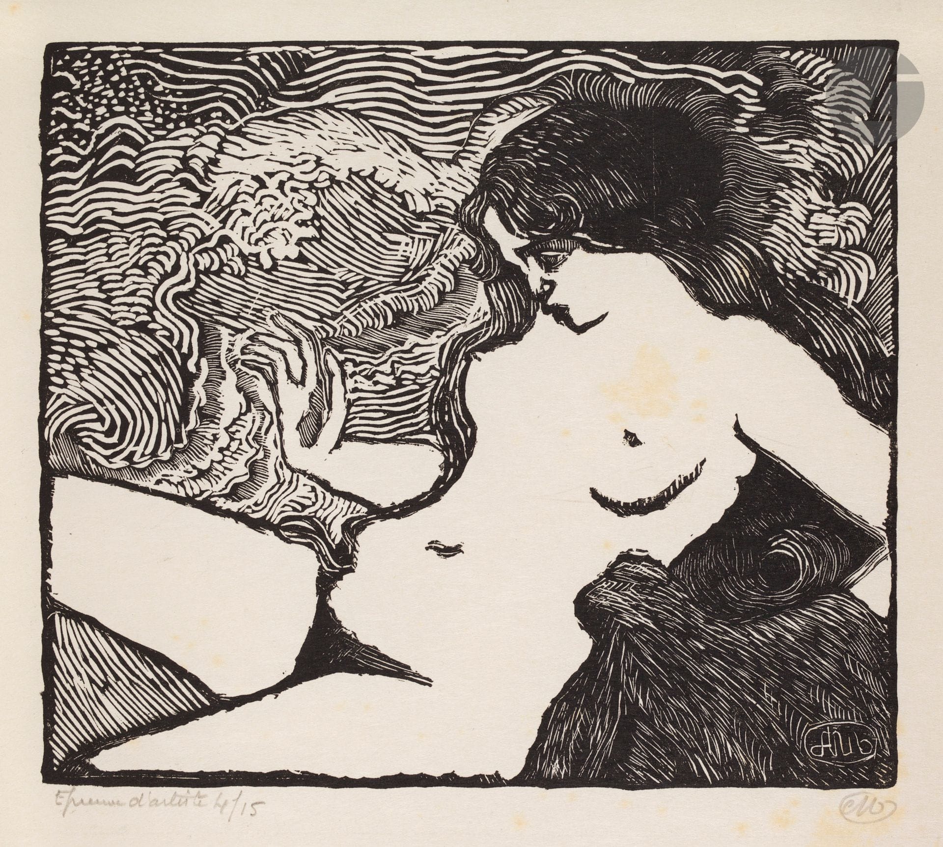 Aristide Maillol (1861-1944) 
La Vague. 1895-1898. Bois gravé. 197 x 171. Guérin 8. Très belle épreuve sur japon, l’une des 15 annotées par l’éditeur « Épreuve d’artiste » et numérotées, signée du monogramme au crayon. Quelques larges rousseurs claires. Toutes marges [235 x 275]. Tirage définitif à 60 épreuves. Timbre sec : H. Petiet éditeur Paris (Lugt 2021a). Ex-coll. H. M.Petiet (Lugt 5031).