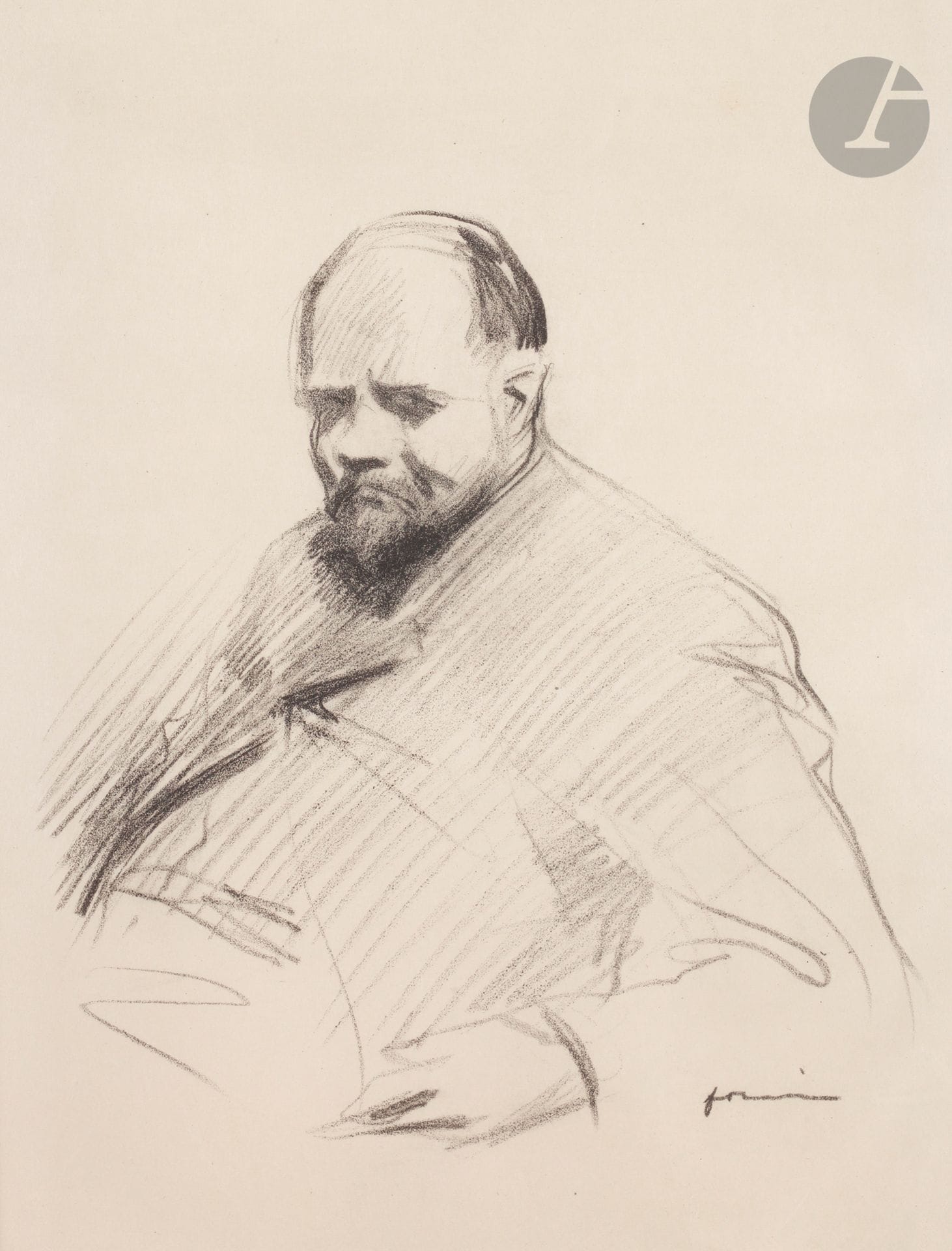 Jean-Louis Forain (1852-1931) 
Portrait de Vollard (de face, tourné vers la gauche). Vers 1910. Autographie. 250 x 260. Guérin non décrit ; Johnson 56. Très belle épreuve sur japon. Quelques fins plis cassés. Marges. A. Vollard éd. Cadre.