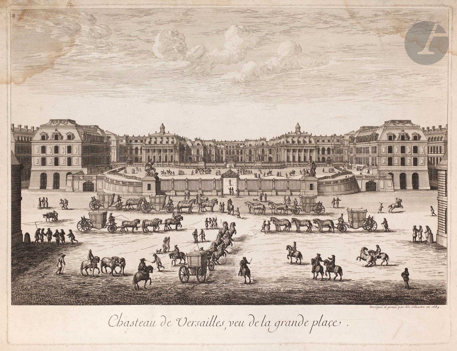 Israël Silvestre (1621-1691)
Veuë et Perspective du Chasteau de Versailles du costé de l’Orangerie. 1664 ; Chasteau de Versailles, veu de la grande place. 1684. Eau-forte. 505-510 x 380-385. Faucheux 317.12 et 317.13. Bonnes épreuves en tirage postérieur sur vélin fort (l’une avec le timbre sec – partiel – de la Chalcographie du Louvre). Auréoles d’humidité et salissures. Bonnes marges (légèrement rognées). Ens. 2 p.