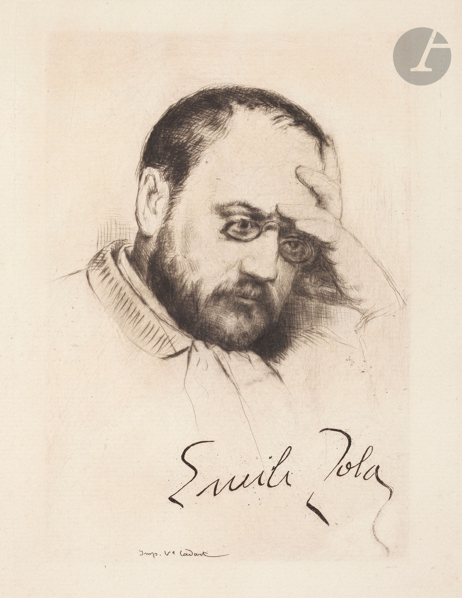 Marcellin Desboutin (1823-1902) 
Émile Zola, à la signature (d’après nature) ; Gustave Courbet. Pointe sèche. 115 x 158. Clément-Janin 246 et 53. Belles épreuves sur vergé. Rousseurs et traces d’oxydation. Toutes marges. Cadart éd. pour le 1er sujet (le 2e paru dans C. Lemonnier, Gustave Courbet et son œuvre, Lemerre éd.) Ens. 2 p.