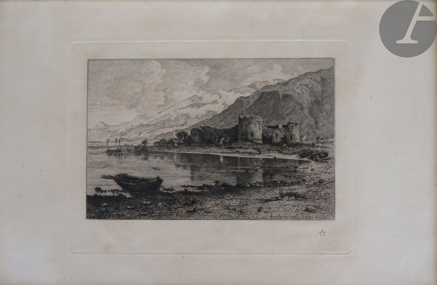Pierre Teyssonnières (1834-1912
)Ruined castle on the edge of a lake, at the foot of the mountains. Etching. 160 x 120. Aureole of humidity. Framed.
