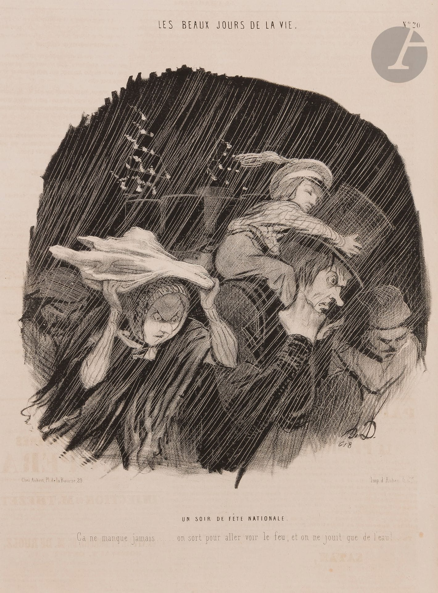 Honoré Daumier (1808-1879)
Les Beaux jours de la vie, pl. 1 à 50. 1843-1845. Lithographie. Chaque [255 x 370]. Delteil 1088 à 1137. Bonnes épreuves en tirage du Charivari. Rousseurs et petites auréoles rousses éparses. Bords légèrement déchiquetés, courtes déchirures et petits manques à certaines. Longue déchirure à la pl. 41. Ens. 50 p.