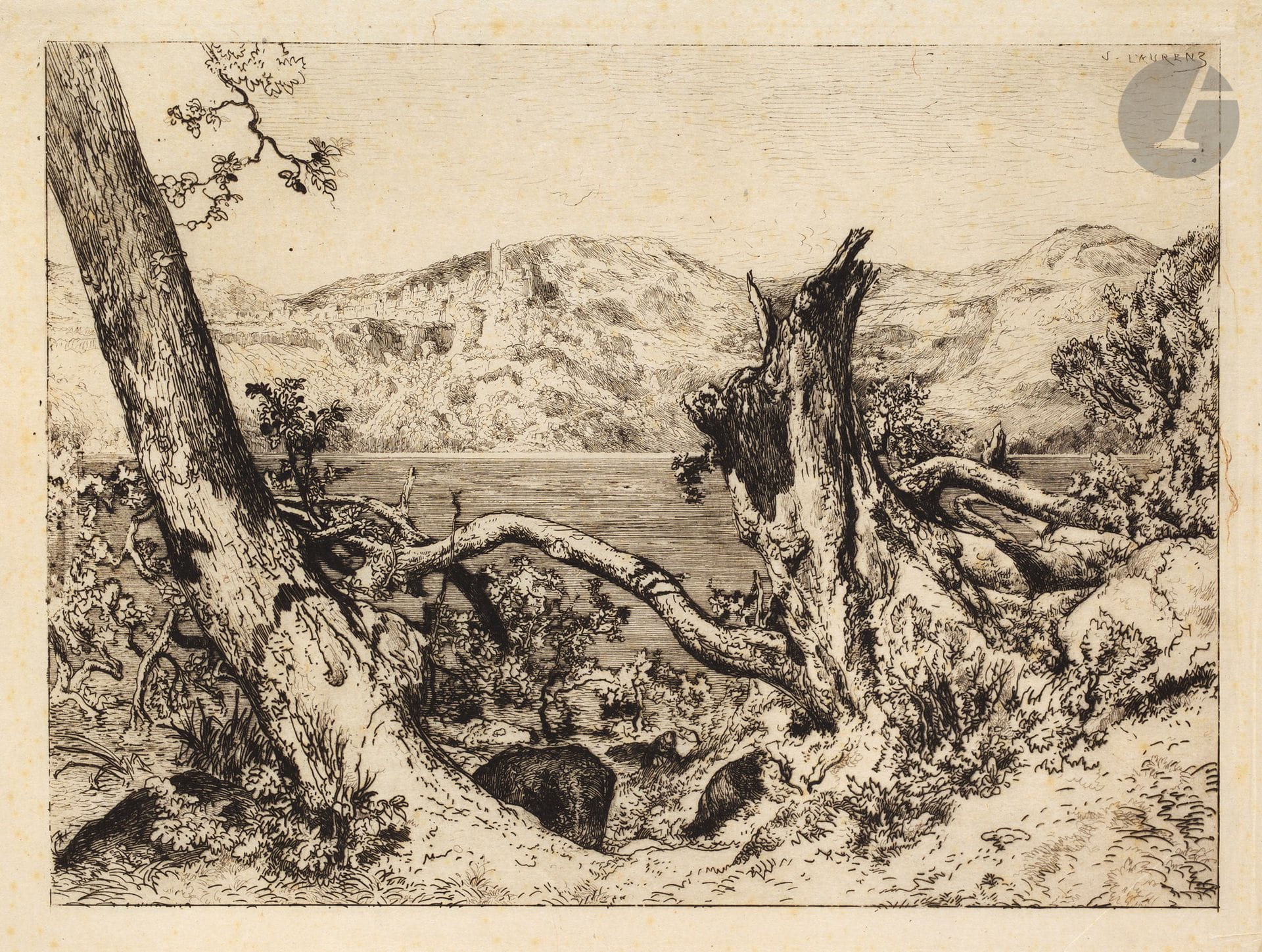 Jules Laurens (1825-1901) 
Le Lac de Némi. (Pl. pour L’Eau-forte en 1874, Cadart éd.). 1874. Eau-forte. 320 x 236. I.F.F. 90. Réunion d’une épreuve du tirage avec la lettre et avec le numéro, sur vergé, et d’une épreuve avant toute lettre sur japon vergé mince. Rousseurs claires à la 1re, de la coll. H. M.Petiet (Lugt 5031). Petites traces de colle et légers plis dans les angles à la 2e. Toutes marges. Ens. 2 p.