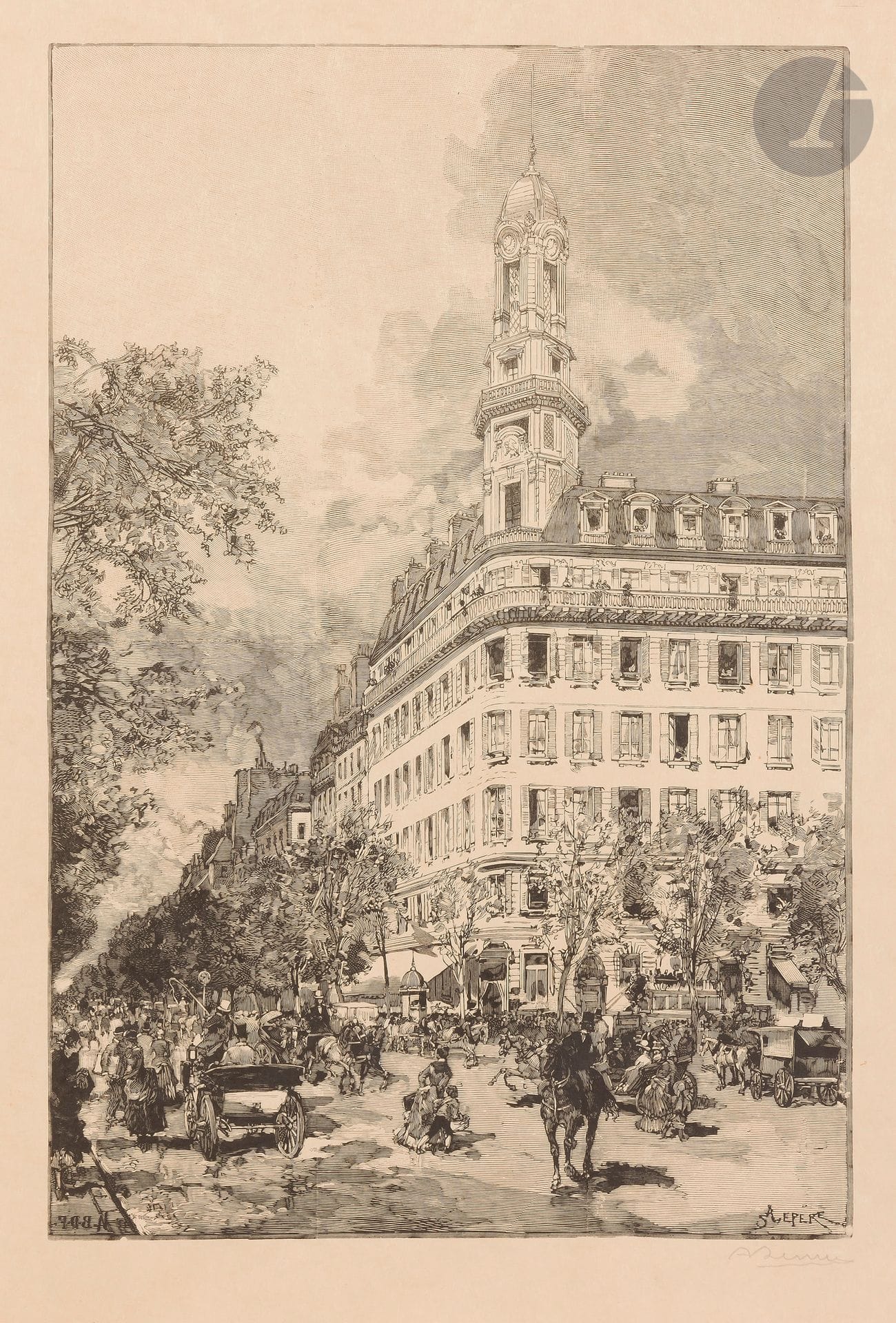 Auguste Lepère (1849-1918)
Hôtel de la compagnie La New York, boulevard des Italiens. (Sujet paru dans Le Monde illustré, 18 octobre 1884). Gravure sur bois en collaboration avec Beltrand, Dété et Florian. 211 x 315. Lotz-Brissonneau p. 283. Belle épreuve sur simili-japon, signée au crayon. Légère oxydation du feuillet. Petite étiquette collée au verso. Toutes marges.