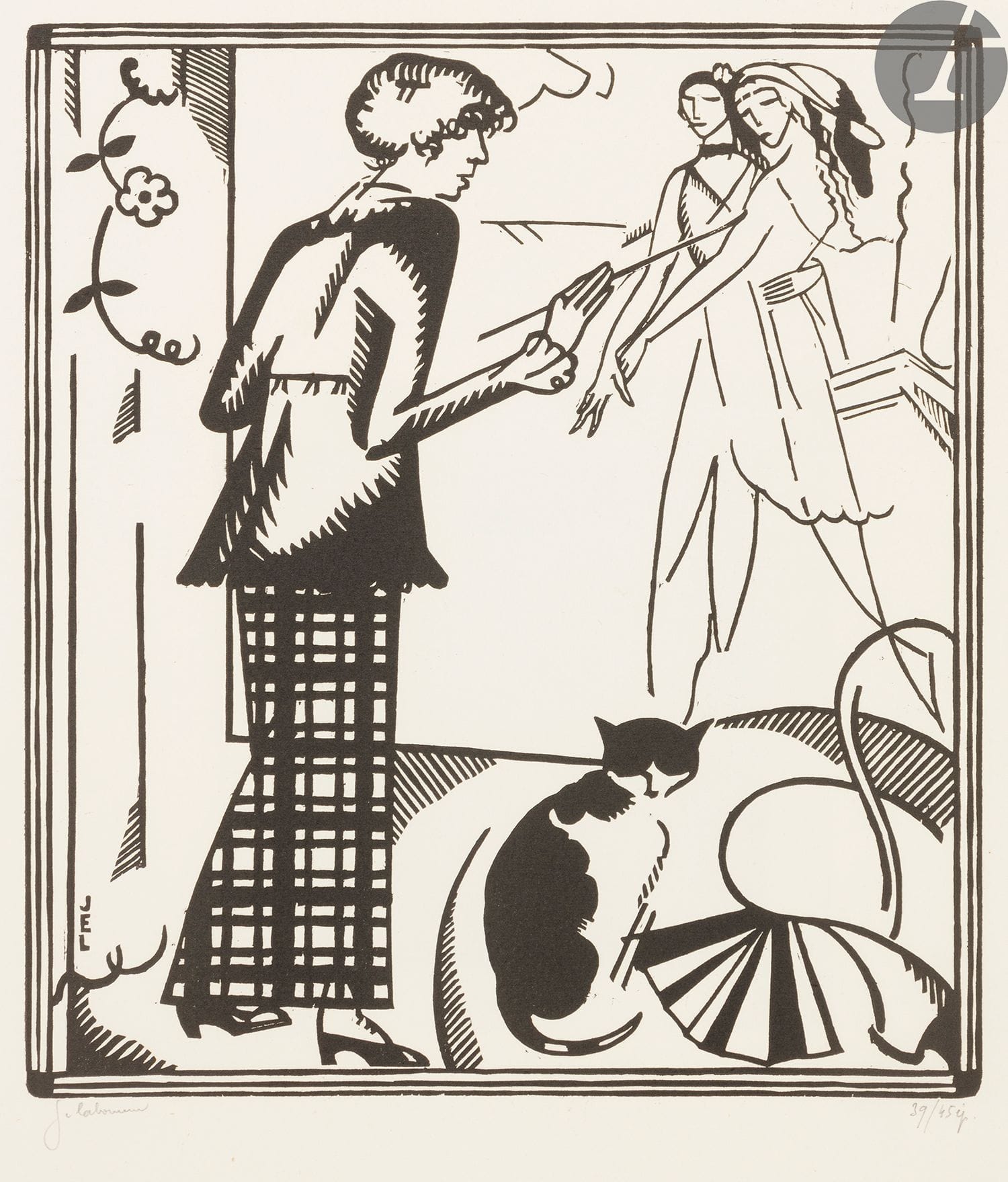 Jean-Émile Laboureur (1877-1943)
Portrait : Marie Laurencin. 1914. Bois gravé. 216 x 249. Laboureur 707. Très belle épreuve sur vélin blanc, signée et numérotée au crayon. Infimes traces de plis aux bords du feuillet. Toutes marges. Tirage à 45 épreuves.