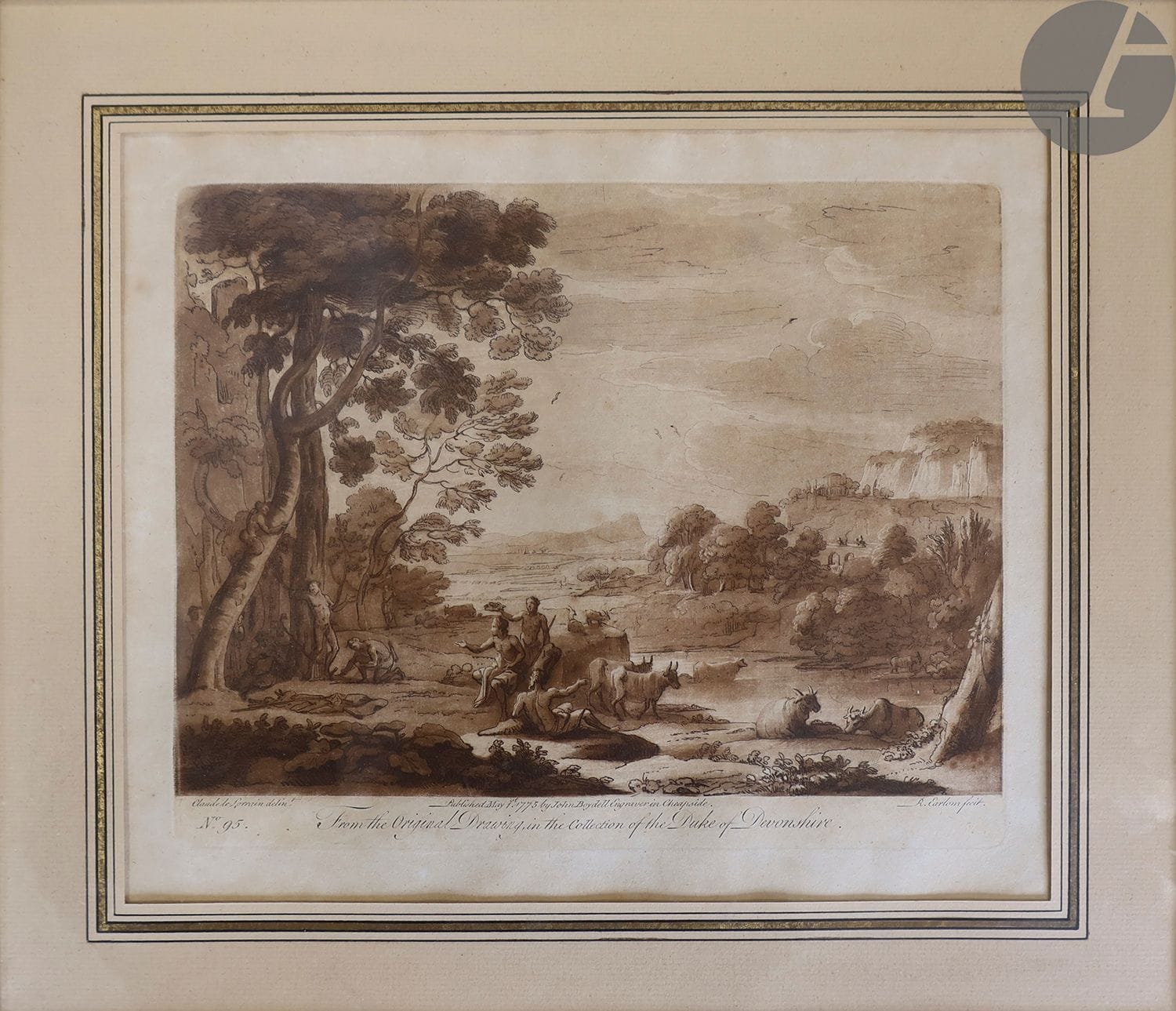 Richard Earlom (1743-1822)
Scènes pastorales dans des paysages. 1775. Eau-forte et aquatinte. Gravées d'après les dessins de Claude Gellée, dit le Lorrain (vers 1600-1682), issues de la collection du duc de Devonshire. Chaque [260 x 205]. Rares piqûres et petites rousseurs. Marges. Cadres. Ens. 2 p.