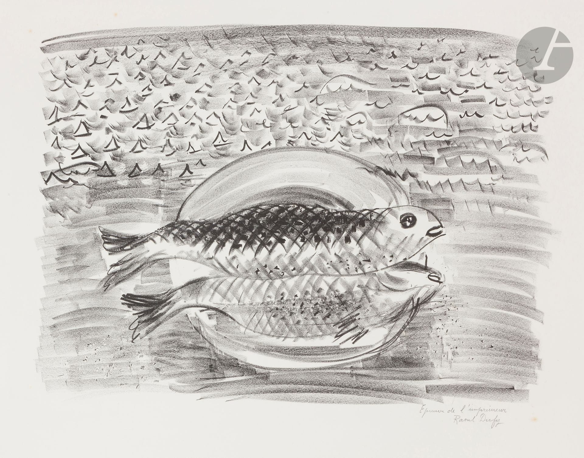 Raoul Dufy (1877-1953)
L’Assiette aux poissons. (Pl. pour l’album La Mer). 1933. Lithographie. 460 x 340. Très belle épreuve sur vélin blanc, annotée au crayon « Épreuve de l’imprimeur » et signée. Quelques rares rousseurs hors du sujet. Toutes marges. Tirage définitif à 33 épreuves.