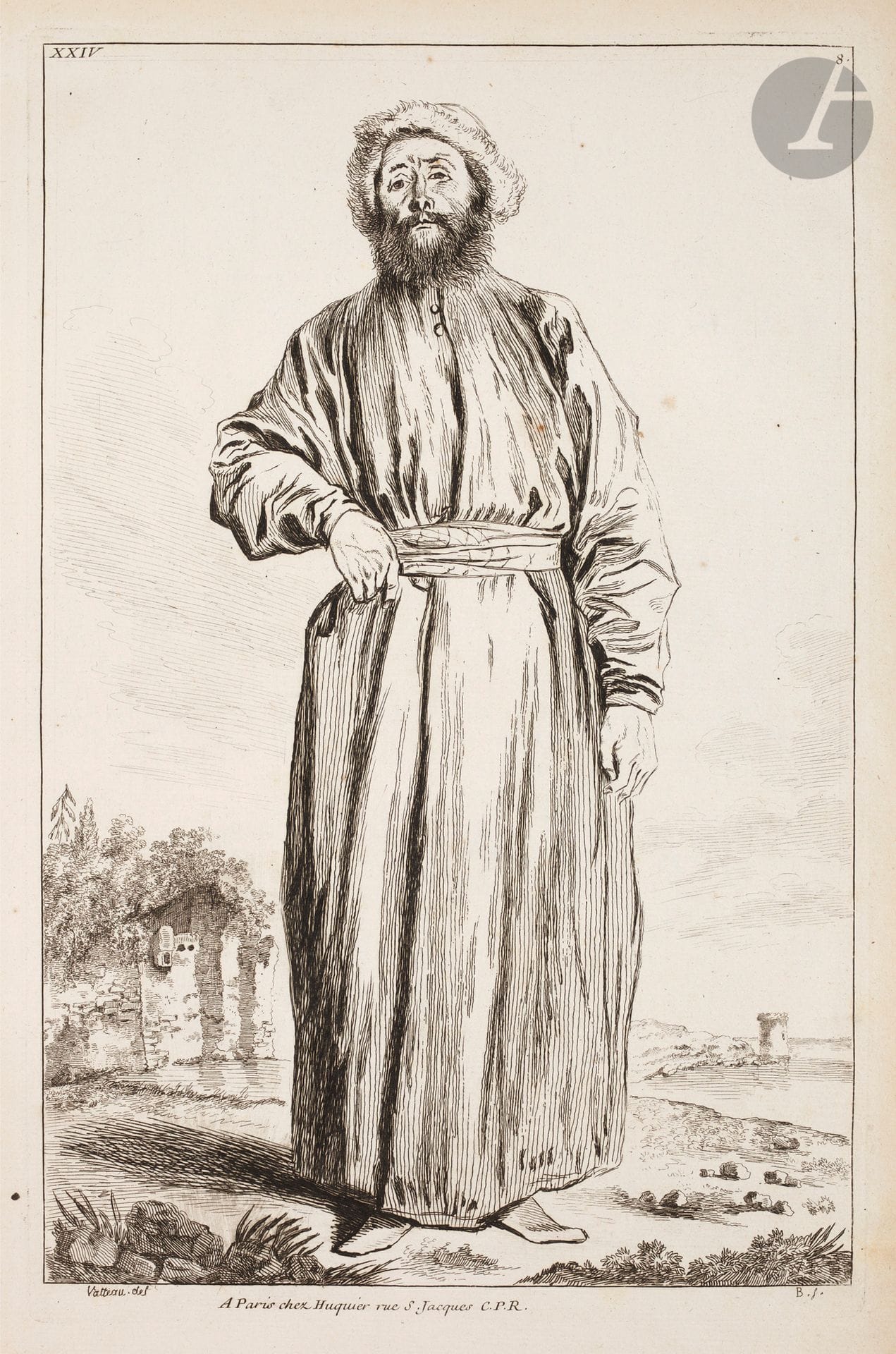 Jean-Antoine Watteau (1684-1721) (after
)Persian in profile; Man in oriental costume in full length. (Pl. of the Figures of different characters). Etched by Boucher. 218 x 355 and 230 x 350. Goncourt 351 and 428. Very nice proofs on laid paper, the 1st of the 1st state (of 2) before the backgrounds and the number in roman numerals, the 2nd slightly oxidized. All margins. Set. 2 p.
