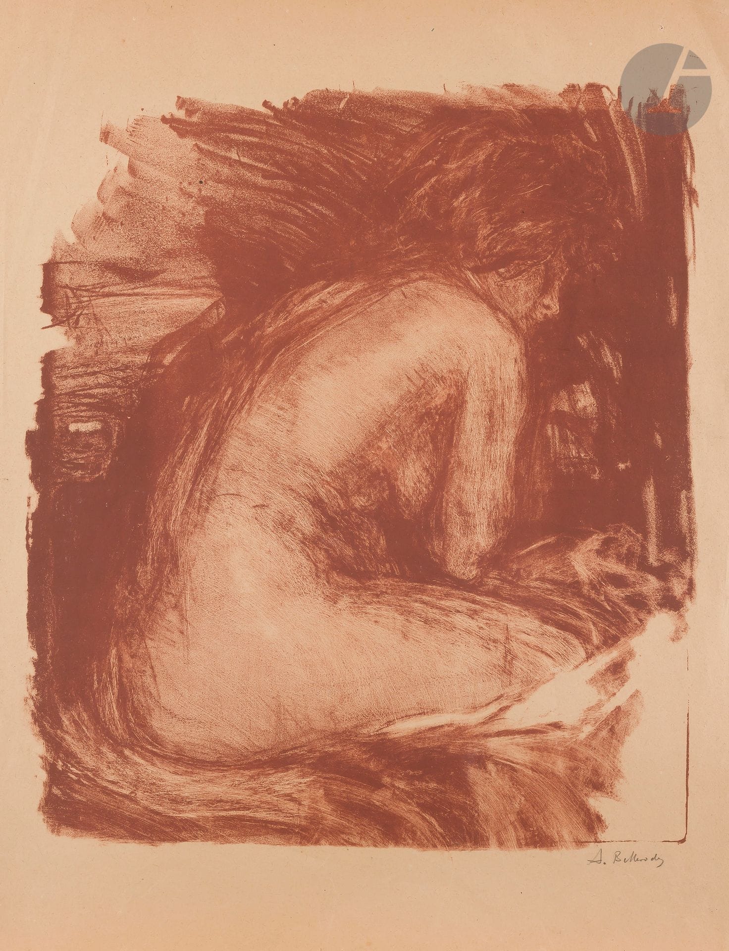 Albert de Belleroche (1864-1944
)Nude woman seated from behind. About 1910. Lithograph. 418 x 480 cm, printed in sanguine. Nice proof on thin buff vellum, signed in pencil. Several fine traces of folds. Minor holes and accidents. A few short tears at the edges of the sheet. Small traces of glue in the corners on the back. All margins.
