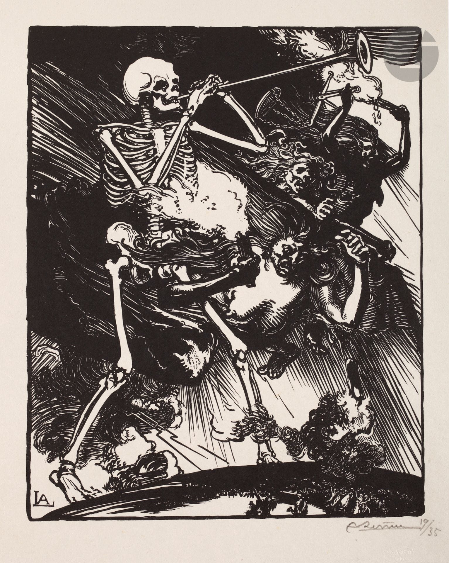 Auguste Lepère (1849-1918) 
Death and passions are about to melt over the world. (Pl. for La Guerre de 1914, series I, pl. 7). Engraved wood. 165 x 205. Texier-Bernier 529. Very nice proof on vellum, signed and numbered in pencil. Small halo of moisture in the lower left corner. Minor foxing along the upper edge of the folio. All margins. Edition of 35 proofs. Dry stamp: Ed. Sagot éd. Paris (Lugt 2254).
