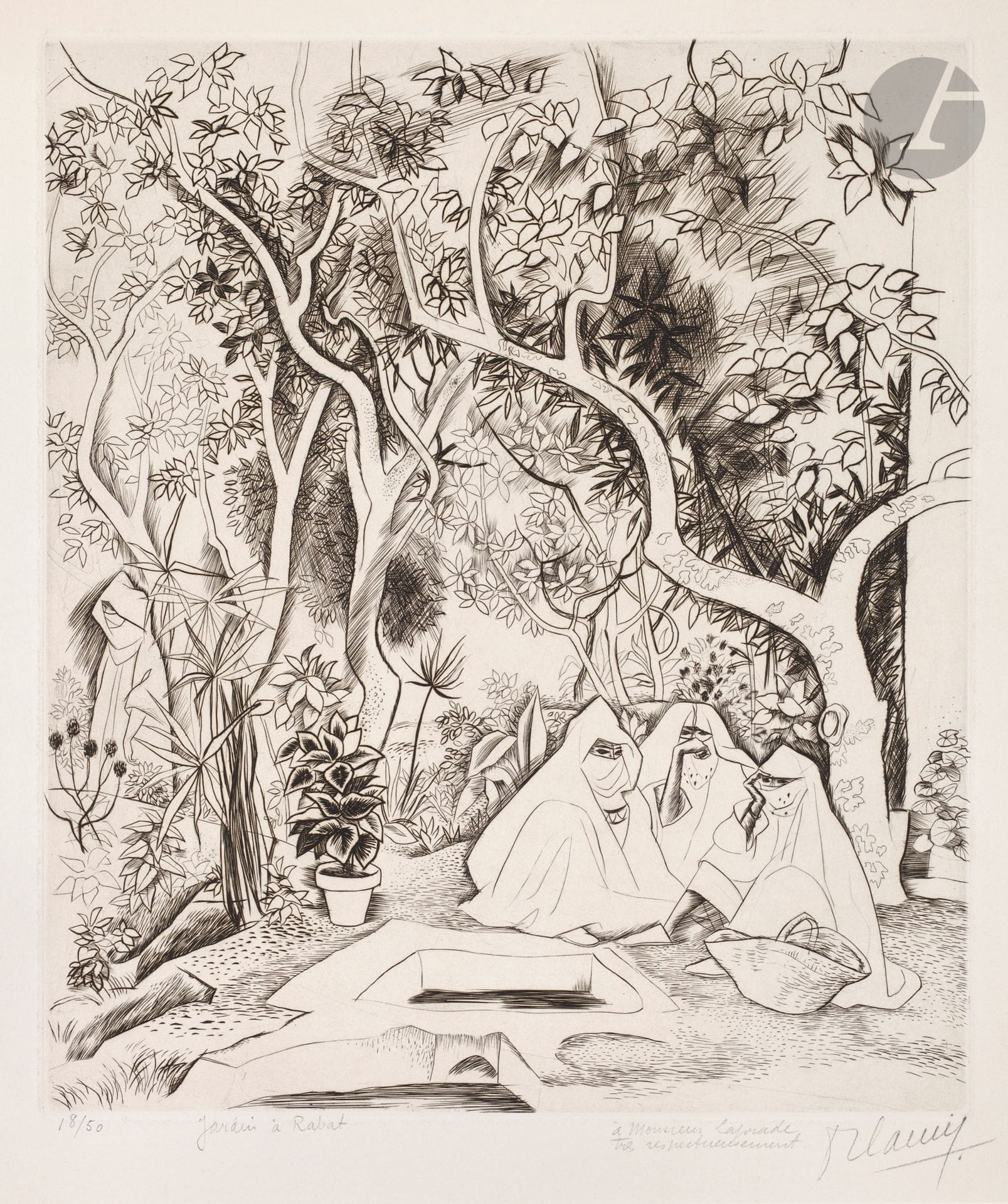 Robert Cami (1900-1975) 
Jardin à Rabat. Vers 1950. Burin. 255 x 298. Réunion de 2 très belles épreuves sur vélin, numérotées, titrées et signées au crayon, la 1re dédicacée « à Monsieur Laprade/très respectueusement ». Léger empoussiérage aux bords du feuillet et petites taches (chiures de mouche) dans l’angle inférieur droit à la 1re. Toutes marges. Tirage à 50 épreuves. Joint : 2 illustrations gravées. Ens. 4 p.