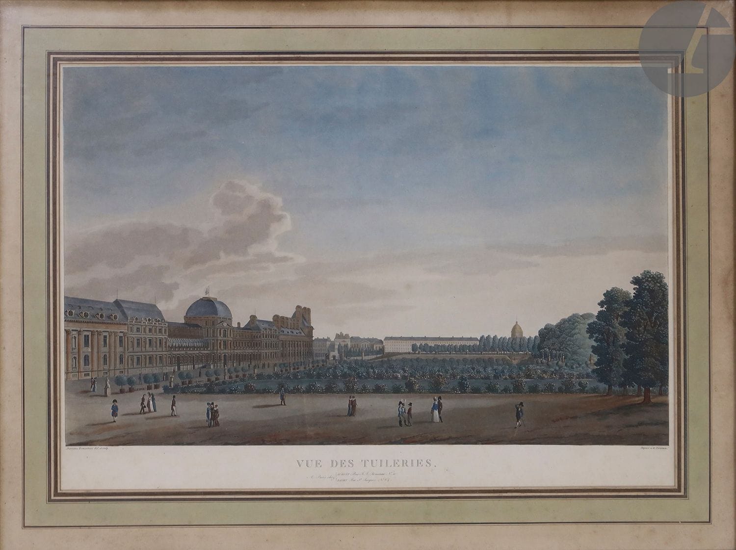 Michel François Damane-Demartrais (1763-1827)
Vue des Tuileries. Aquatinte. À vue : 600 x 400. Impression en couleurs. Cadre.