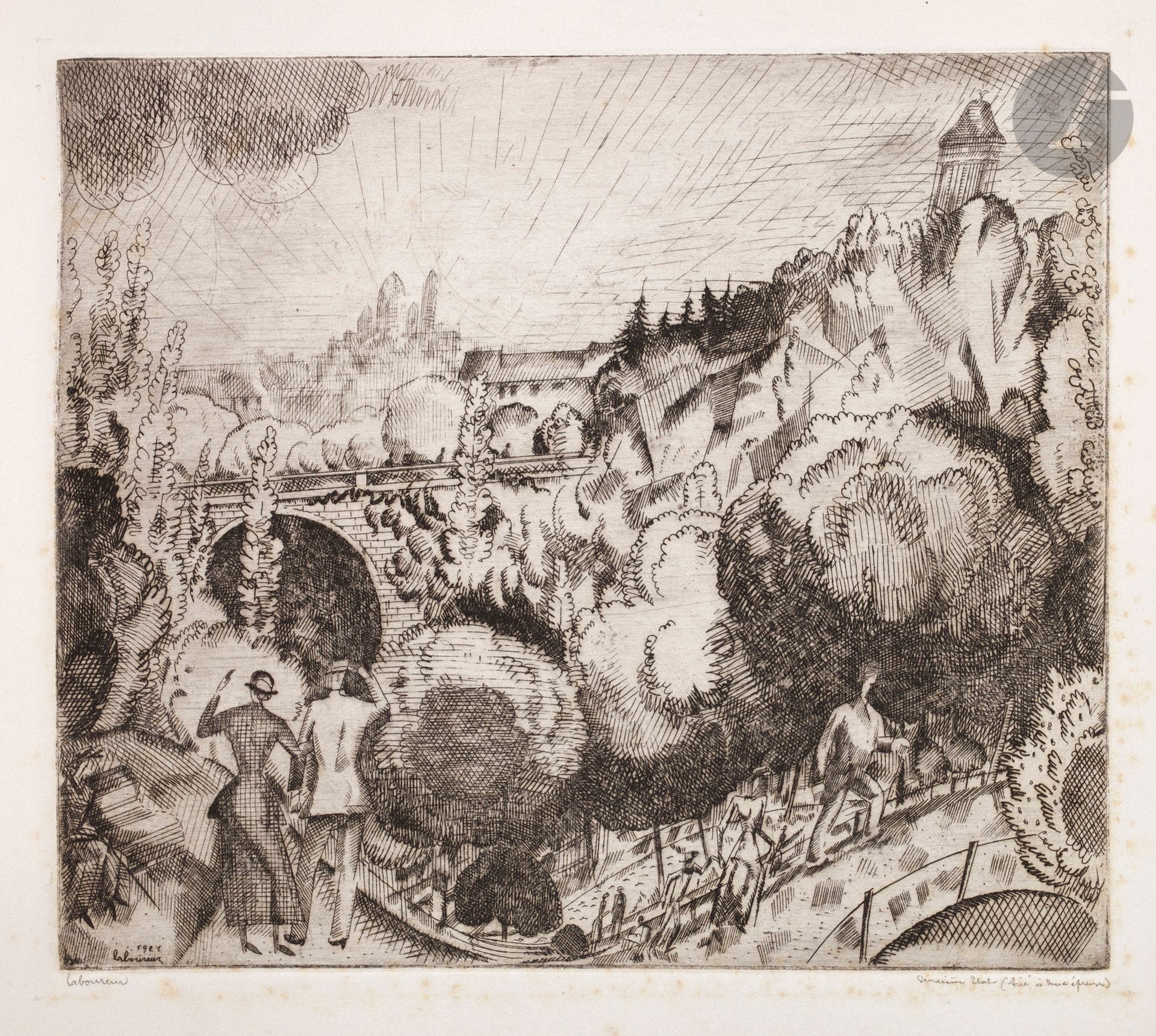 Jean-Émile Laboureur (1877-1943) 
Paysages aux Buttes-Chaumont (2e pl.). 1921. Eau-forte. 230 x 200. Laboureur 205. Belle épreuve sur vélin blanc, du 2e état (sur 3), avant les tailles horizontales dans l’arbre de droite, signée au crayon et annotée « deuxième Etat (tiré à deux épreuves) » puis titrée en pied à gauche. Rousseurs claires éparses. Toutes marges.