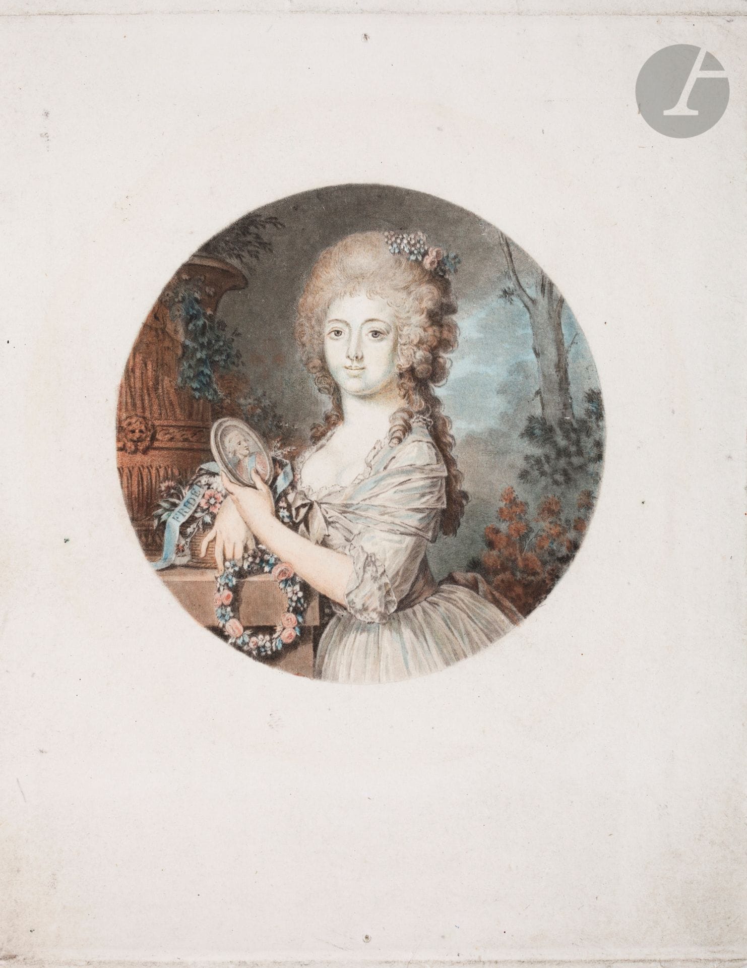 Jean-François Janinet (1752-1814) 
Marie-Sophie-Frédérique de Hesse-Cassel, femme de Frederick VI, reine de Danemark. Vers 1789. Gravure aux outils d’après C. Höyer. Diamètre du sujet : 75 ; cuivre 120 x 150. Portalis et Beraldi 143 ; I.F.F. 59. Impression en couleurs. Très belle épreuve, rognée latéralement sur le coup de planche, avec marges étroites en tête en en pied. 

L’original, une miniature du peintre Cornelius Höyer, fait partie des collections royales du Danemark, au château de Rosenborg. Elle fut réalisée vers 1789, date d’un séjour du peintre à Paris. (Inventaire du fonds français, graveurs du XVIIIe siècle, tome XII, n° 59).