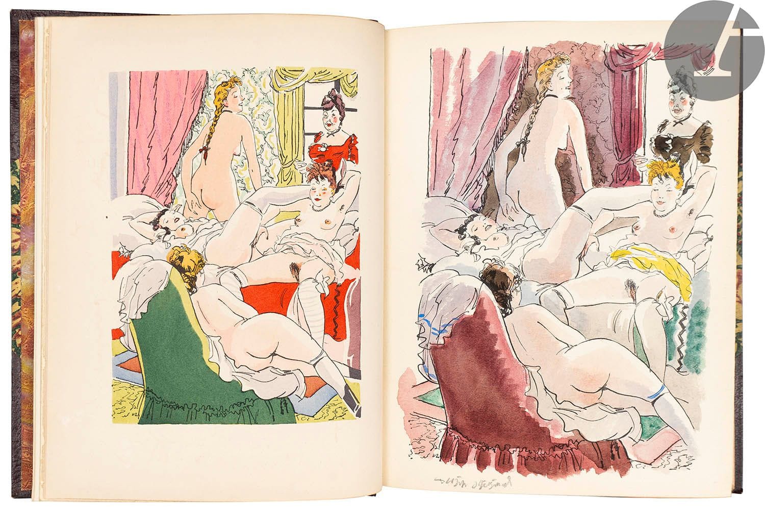 [CURIOSA].
Le Théâtre érotique de la rue de la Santé.
Paris : s.n., 1932. — In-8, 197 x 148 : 135 pp., couverture imprimée. Demi-maroquin aubergine à coins, dos à nerfs orné de marguerites dorées et mosaïquées, tête dorée, non rogné, couverture conservée (P.L. Martin).

Dutel, 2498.

Recueil paru pour la première fois en 1864, contenant 5 pièces érotiques : Scapin maquereau, drame en un acte par M. Albert Glatigny. - La Grisette et l’étudiant, pièce en un acte par Henry Monnier. - Le Bout de l’an de la noce, parodie du bout de l’an de l’amour de Théodore Barrière par Lemercier de Neuvillee et J. du Boys. - Un caprice par Lermercier de Neuville. - Les Jeux de l’amour et du bazar, comédie de mœurs en un acte par Lemercier de Neuville.

L’édition est ornée de 20 jolies illustrations libres en couleurs dont 4 à pleine page et une en frontispice, réalisées par Feodor Rojankovski, dit Rojan.

Un des 250 exemplaires sur vélin (n° 183), celui-ci unique, enrichi d’une suite de 6 compositions refusées et de 10 DESSINS ORIGINAUX à l’encre et à l’aquarelle de Rojan, non signés, dont celui du frontispice, deux ayant servi à l’illustration, 3 pour les planches refusées et 5 inédits.

Très bel exemplaire relié par Pierre-Lucien Martin.