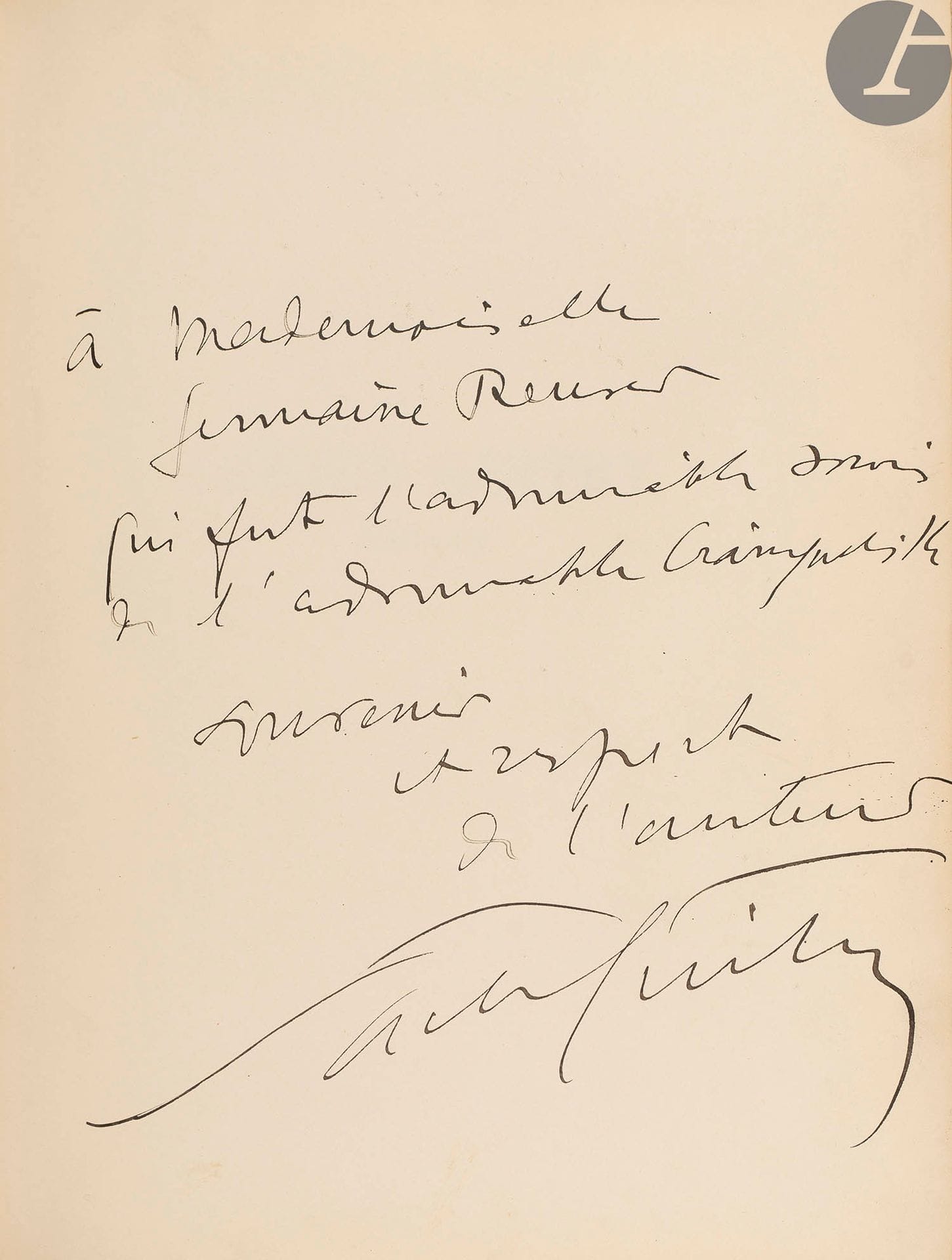 GUITRY (Sacha).
Lucien Guitry. Sa carrière et sa vie.
S.l., [1930]. — In-4, 266 x 210 : portrait, (8 ff. 2 premiers blancs), 444 pp., (2 ff.), 71 planches, couverture illustrée. Demi-maroquin bleu foncé à coins, dos à nerfs, tête dorée, non rogné, couverture et dos conservés (reliure de l’époque).

Édition originale illustrée de 72 planches donnant pour la majorité des portraits photographiques de Lucien Guitry, dont un grand nombre faites par Charles Gerschel.
Tirage à 1100 exemplaires signés par l’auteur à la justification. Celui-ci est l’un des 1000 sur vélin de Lorraine (n° 1039), enrichi de ce bel envoi adressé à la comédienne Germaine Reuver (1885-1953) :

à Mademoiselle // Germaine Reuver // qui fut l’admirable souris // de l’admirable Crainquebille // souvenir // et respect // 
de l’auteur // Sacha Guitry

Bon exemplaire, n’ayant que de légers frottements aux nerfs et aux coins.