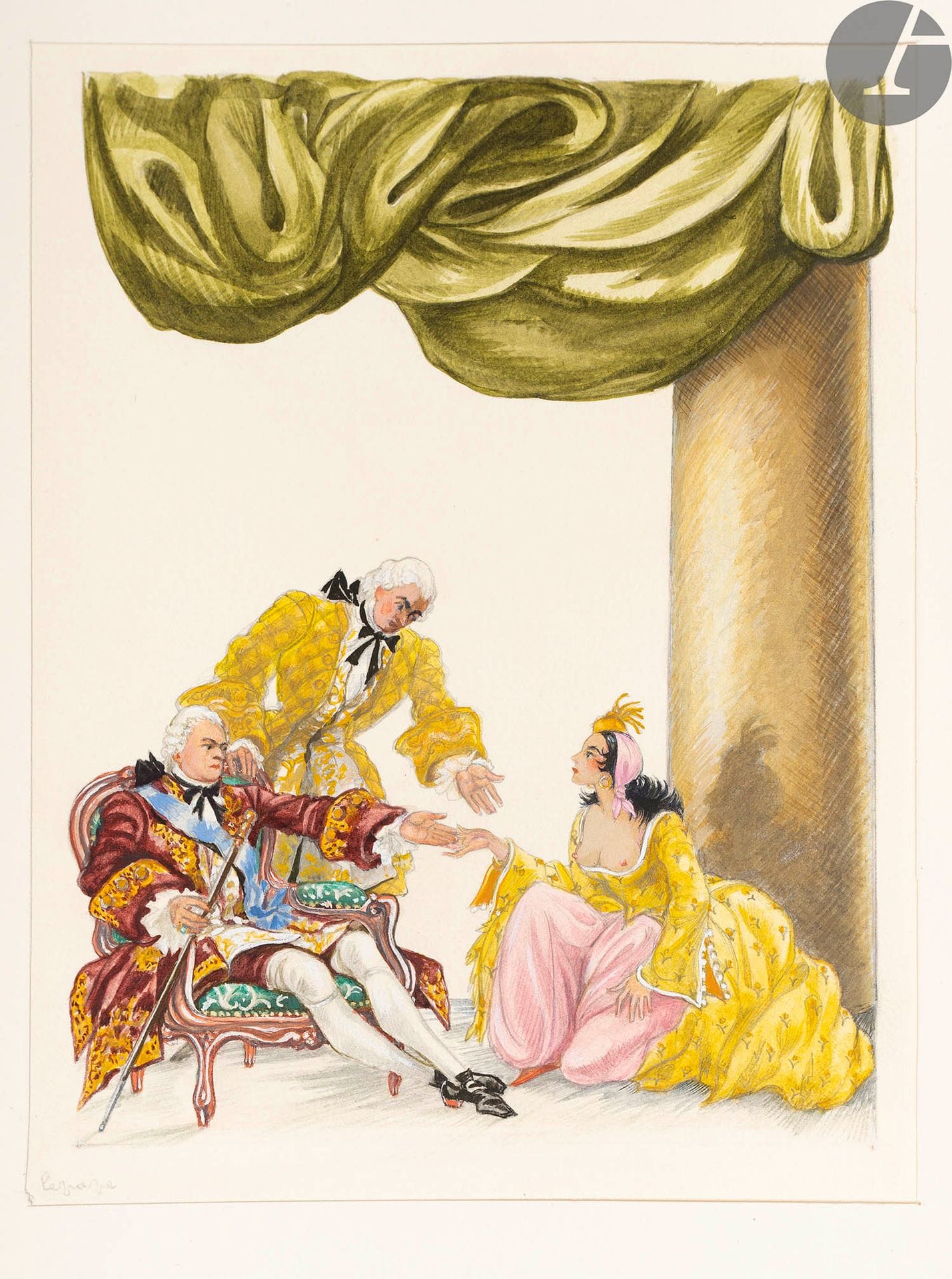 GUITRY (Sacha) - LEPAPE (Georges).
The Beloved. Comedy.
Paris : Henri Javal, 1949. - In-4, 249 x 201 : portrait, (8 ff. 2 first blanks), 118 pp, (3 ff. last blank), 6 plates, illustrated cover. Jansenist red morocco, spine ribbed, red morocco frame inside, decorated with a triple gilt fillet, pink moiré silk lining and endpapers, double endpapers, gilt head, untrimmed, cover and spine preserved (F. Michon).

First edition of this comedy in 6 tableaux, first performed at the Théâtre de la Madeleine on October 30, 1940, with the author himself, Elvire Popesco and Huguette Duflos in the title roles.
It is illustrated with 21 compositions by Georges LEPAPE, including 7 headbands, 7 caps and 7 off-texts, engraved on copperplate by Charles Mazelin and printed in colours by Porcabeuf's successor.
The edition was limited to 340 copies only. This one, on Rives vellum, is one of the 20 reserved for the author's friends (n° XX). It is enriched with two suites of illustrations on the same paper, signed by Charles Mazelin, one in black, the other in colour with remarks, and the colour breakdown of 4 plates.

A UNIQUE COPY, PROBABLY FROM THE COLLECTION OF GEORGES LEPAPE, ACCOMPANIED IN A SEPARATE VOLUME IN RED HALF-MAROQUIN WITH CORNERS, BY ALL THE ORIGINAL DRAWINGS OF THE BOOK AS WELL AS SEVERAL OTHER DRAWINGS, PROOFS AND DOCUMENTS.

The volume contains the following items:
- Crossed-out copper of the headband of the first painting, incorporated in the first lining.
- Dedication by Sacha Guitry :
My dear friend // how nice it would be // done by you! // And how much it would please me // if, in addition, it // was quickly done // to you with all my heart // Sacha Guitry
.

Under this dedication, the author has drawn two characters each pulling a curtain, between them this note: "And the curtain closes".
- One page proof of the play, including a correction and a drawing by Sacha Guitry.
- Caricatured portrait in pencil, representing Sacha Guitry as Louis XV, in profile and holding a flower in his hand.
- The original drawings of the hors-texts and the headbands, signed by Lepape, that is to say 13 drawings.
- 18 studies in pencil, gouache, coloured pencils, ink or watercolour, for the title and the illustrations, most of them not retained. Some of these studies are signed, but most have the artist's red stamp. There are also 3 pencil sketches on the reverse of 3 studies.
- Drawings of the culs-de-lampe and of the banner of the page of the list of characters, that is to say 8 original drawings in violet ink by Georges Lepape, signed, except for the last two, and including the artist's stamp on the back.
- 11 original studies by Georges Lepape for the title, the list of characters and the endpapers, the majority including the artist's stamp.
- Pencil drawing of a binding, and tracing for a gilding iron. The drawing of the binding is accompanied by this note: "Tracing for the gilding iron of the binding (light vermilion morocco) of LAVAUD, in the spirit of what he did for the Initiation Venitienne. Leather endpapers. First hard cover in morocco in which will be embedded my small copper, previously deaciated, inked and gilded.
- Unsigned pencil sketch for the headband of the first painting, and 5 signed proofs of the engraving corresponding to the drawing, namely the first 3 states and two copies of the final state, the first of which has the mention in the artist's hand: " Bon à tirer 20 janvier 1949.» The drawing and the first state are on laid paper, the various proofs are on wove paper. All the sheets have the artist's stamp on the back, except the proof of the second state. 
- Proof sheet of the list of characters.
- Two original silver photographs, made by the Harcourt studio, representing two scenes from the play performed at the Madeleine theatre in 1940, in
the original folder and rag paper spine used to preserve the artist's drawings
.


A perfectly preserved copy. The spines are only very slightly lightened. The plate of the colour suite with remarks was mistakenly placed between pages 100 and 101. The plate without remarks is therefore in the suite.
Provenance: Georges Lepape.



























