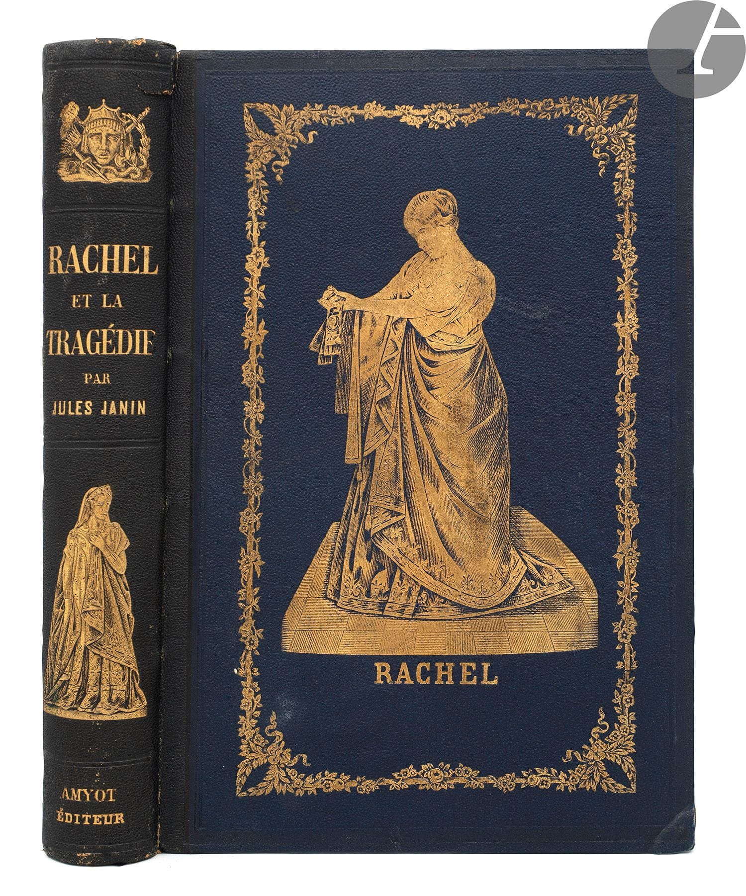 [RACHEL] - JANIN (Jules).
Rachel et la tragédie.
Paris : Amyot, 1859. — In-8, 267 x 180 : portrait, (2 ff.), 528 pp., 9 photographies. Demi-chagrin vert foncé, plats de percaline bleu foncé, ornés d’un encadrement floral et d’un fer représentant Rachel sur le premier plat, et d’un petit cadre floral sur le second, dos lisse orné de deux fers spéciaux représentant différents attributs liés au théâtre sur le haut et Rachel dans un de ses rôles dans la partie inférieure, tranches dorées (reliure de l’éditeur).

Édition originale de ce très bel ouvrage de Jules Janin célébrant la carrière de la tragédienne Rachel (1821-1858) qui venait de mourir.
Il s’agit de l’un des tout premiers livres illustrés par des tirages photographiques originaux, comprenant 10 photographies hors texte de l’actrice par Henri de Blanchère. La première, en frontispice, la représente d’après un tableau de M. Muller, les 8 suivantes la montrent dans 7 de ses principaux rôles (Hermione, Camille, Monime, Phèdre (2), Roxane, Athalie et Czarine), et la dernière la représente au Cannet 3 mois avant sa mort.
Exemplaire en reliure de l’éditeur ornée sur le premier plat d’une plaque représentant Rachel dans le rôle de Monime, faite d’après la photographie correspondante, et au dos d’un autre fer représentant l’actrice dans le rôle de Phèdre.
Exemplaire enrichi des plats de la couverture du livre, non reliés, salis et dans un format plus petit que le volume, ainsi que d’un portrait lithographié de Rachel et d’un manuscrit de 2 pages in-4, du début du XXe siècle, non signé, sur Madame de Sévigné.
Petites craquelures aux charnières, premier caisson en partie défait. Rares rousseurs.

On joint : 
- CUISIN (P.). Bouquet offert à Mlle Rachel, actrice tragique aux Français suivi de notices biographiques sur cette grande tragédienne surnommée la Merveille du Théâtre et autres acteurs et actrices célèbres. Paris : J. N. Barba, 1839. — In-8, 248 x 168 : frontispice, 88 pp., couverture imprimée. Demi-maroquin bleu foncé à la bradel, dos à nerfs orné d’un chiffre doré, tête rouge, non rogné, couverture conservée (Franz).
Édition originale rare de cette publication divisée en 3 parties, la première comprenant une série d’hommages en vers, « présentant l’analyse des principaux traits de la vie de mademoiselle Rachel », suivie d’une biographie en prose et de notices biographiques d’acteurs et d’actrices célèbres.
L’illustration comprend une belle lithographie d’Eugène André en frontispice.
Exemplaire enrichi de deux portraits de Rachel, respectivement issus de la Galerie dramatique et de la Galerie de la Presse, ainsi que d’un article de Du Mersan sur Rachel.
Frottements d’usage au dos, un coin abîmé. Couverture tâchée et déchirée sur les bords. Rousseurs.
Provenance : Jules Claretie, avec son chiffre doré au dos.