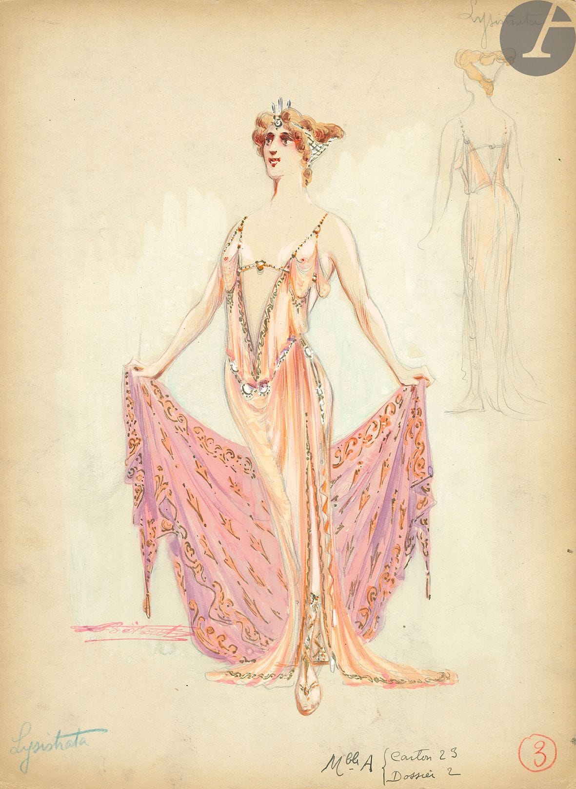 Maurice DONNAY (1859-1945)]. File on Lysistrata; in a red half-maroquin folder, slipcase.

 Lysistrata, Maurice Donnay's first play, after Aristophanes, was successfully premiered at the Grand-Théâtre (salle de l'Eden-Théâtre) on December 22, 1892, with Réjane in the title role; it was revived at the Vaudeville on May 6, 1896, and then in various theaters.

20 costume models by Charles BÉTOUT (1869-1945), gouache watercolors on cardboard (about 31.5 x 23.5 cm), all bearing the artist's ink stamp.

5 other unsigned costume models (about 30 x 20 cm).
The illustrated edition by J. Jamet (A. Fayard, 1914); 3 programs of revivals 1909; publicity brochure of the costume designer Léon Granier; various programs of plays after Aristophanes, including the presentation brochure of the film Destinées (1954), and press clippings are attached.
