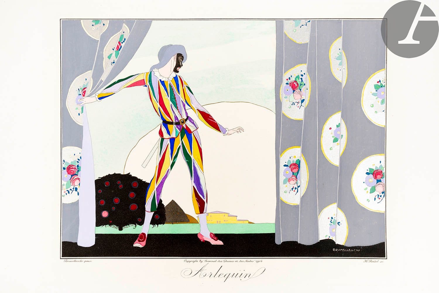 BRUNELLESCHI (Umberto).
Les Masques et les personnages de la Comédie Italienne.
Paris : Au bureau du Journal des Dames et des Modes, 1914. — Album in-folio oblong, 380 x 486 : (6 ff.), 12 planches, couverture illustrée. En feuilles, sous chemise cartonnée à rabats de l’éditeur.

Superbe album célébrant les personnages de la Comédie Italienne, préfacé par Gérard d’Houville et comprenant 12 remarquables planches en couleurs d’Umberto BRUNELLESCHI, représentant Arlequin, le docteur Ballanzone, Brighella, Coralline, Florindo, Giacometta, Mezzetin et Colombine, Pantalon, Rosaura, Scaramouche, Tartaglia, et Trivellino.

Tirage à 415 exemplaires, celui-ci étant l’un des 400 sur grand vélin d’Arches à la forme.

Pliures à la couverture, déchirures au dos. Chemise cartonnée défraîchie, manque les liens. Les planches et les feuillets de texte sont parfaitement conservés. Sans étui.