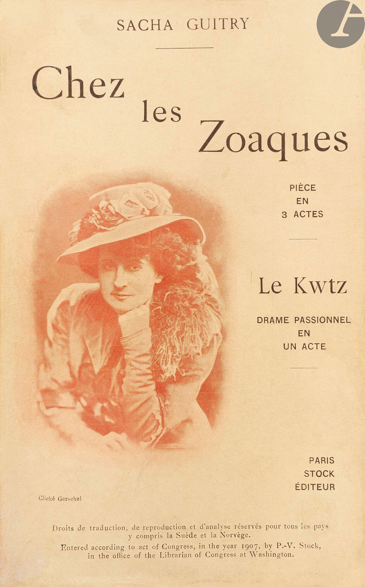 GUITRY (Sacha).
Chez les Zoaques. Comedy in three acts. - The Kwtz. Drama of passion in one act.
Paris : P.-V. Stock, 1907. - In-16, 188 x 120 : (4 ff.), 236 pp. illustrated cover. Grey half cloth with bradel, smooth spine decorated with a gilt fleuron, cover and spine preserved (modern binding).

First edition of the first two plays published by Sacha Guitry. Chez les Zoaques was first performed at the Théâtre Antoine on November 5, 1906 and Le Kwtz on December 13, 1905 at the Théâtre des Capucines.
The cover is illustrated with a photographic portrait in red of Charlotte Lysès, wife of the author at the time and interpreter of the main female role in both plays.
Copy on edition paper. Back cover lined and restored.

Attached, by the same author:
- La Clef. Comedy in four acts. Paris : P.-V. Stock, 1907. - In-16, 187 x 119 : IX pp, (1 f.), 242 p., (1 blank f.), illustrated cover. Grey half cloth, smooth spine, untrimmed, cover preserved (period binding).
First edition dedicated to Réjane, of this comedy first performed at the Théâtre Réjane on May 4, 1907. The cover is illustrated with a caricature of Réjane by Sacha Guitry.
Copy of the writer Jean Ajalbert (1863-1947), with this letter from the author on the false title :

a Jean Ajalbert // who contributed // to make me // keep // a good //
memory
 of // LA CLEF
, all // in the same way // His friend // Sacha

GuitryCopy is enriched by an autograph postcard from Guitry addressed to Ajalbert as well as a beautiful L.A.S. from the same author, 2 pages in-4, certainly addressed to Ajalbert too




.





Some soiling to the cover.

- Small Hollande. Comedy in three acts. Preface by M. Octave Mirbeau. Le Cocuit qui faillit tout gâter. Small act in verse. Paris : P.-V. Stock, 1908. - In-16, 186 x 118 : XII, 211 pp. illustrated cover. Grey half cloth with bradel, smooth spine, untrimmed, cover preserved (period binding).
First edition gathering Petite Hollande, a comedy first performed at the Odéon theatre on March 25, 1908, followed by Le Cocu qui faillit tout gâter, a short act in verse first performed at the same theatre on December 21, 1905. It is illustrated on the cover with a portrait of Charlotte Lysès, wife of Sacha Guitry and creator of the role of Lisbeth in the play.
Beautiful sending from the author to the writer Jean Ajalbert on the false title:

My dear // Jean Ajalbert // this // PETITE HOLLANDE // was successful enough // since it knew // how to please you // affectionately // Sacha

GuitryAn autograph card from the author on the letterhead of the "Grand Hôtel & Hôtel d'Europe. Turin".

Cover soiled.

The 3 volumes are placed together in a modern case made by the same bookbinder who designed the binding on Chez les Zoaques.





























