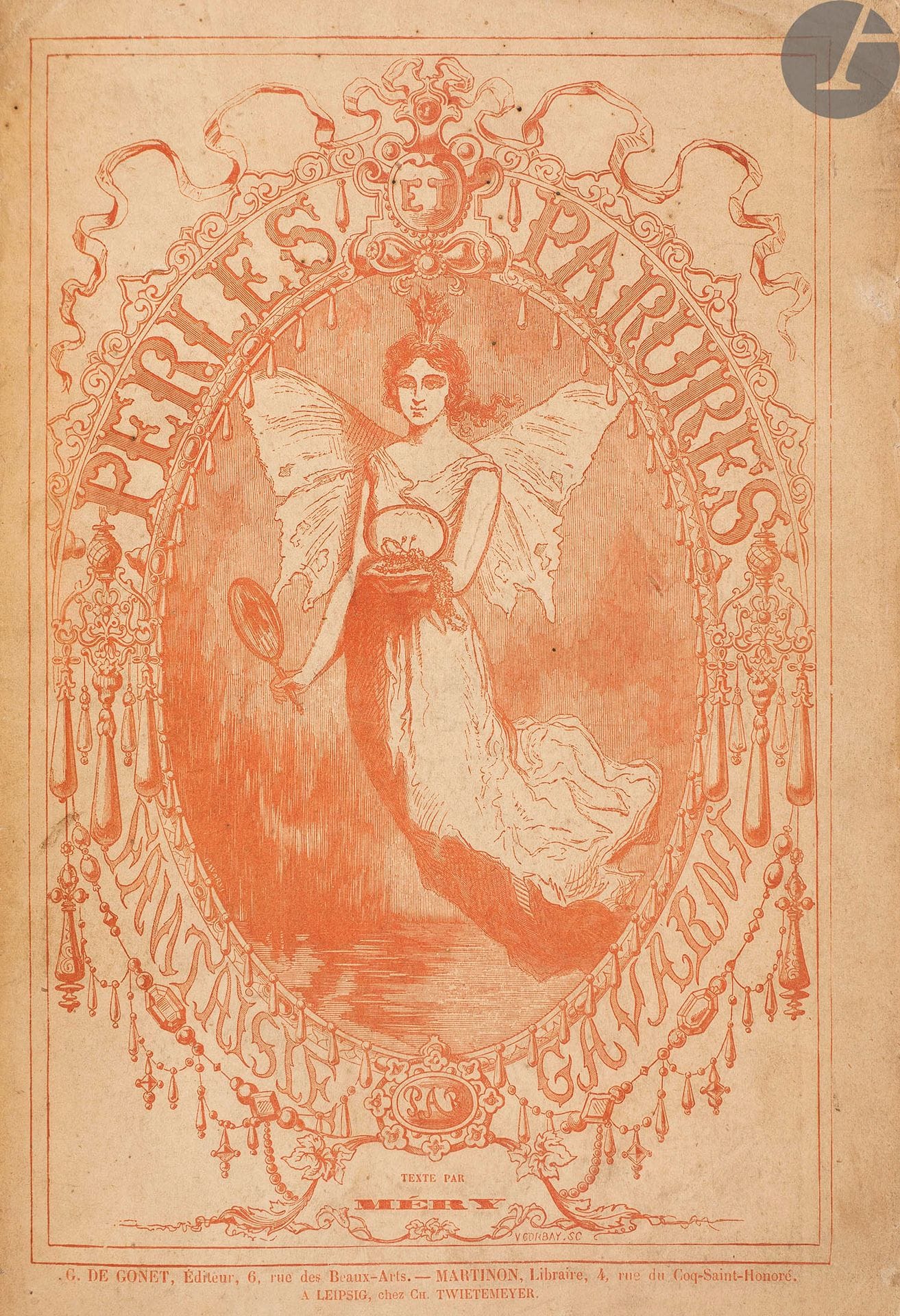 MÉRY (Joseph).
Les Joyaux. Fantaisie par Gavarni. Texte par Méry. Minéralogie des dames par le Cte Fœlix. – Les Parures. Fantaisie par Gavarni. Texte par Méry. Histoire de la mode par le Cte Fœlix.
Paris : G. de Gonet, Martinon, Mme veuve Janet ; Leipzig : Charles Twietmeyer, [1850]. — 2 volumes in-8, 275 x 187 : frontispice, (2 ff.), 316 pp., 16 planches, couverture illustrée ; frontispice, (2 ff.), 300 pp., 15 planches, couverture illustrée. Maroquin vert foncé (Joyaux) et havane (Parures), pièce rectangulaire sur les premiers plats, de maroquin havane sur le premier volume et de maroquin vert foncé sur le second, ornés d’encadrements de filets et d’une roulette dorés, et comprenant au centre le titre du volume correspondant, dos lisse orné, tête dorée, non rogné, couverture conservée (reliure du XXe siècle).

Édition originale de ces beaux ouvrages illustrés au total de deux frontispices identiques et de 31 planches gravées sur cuivre par Geoffroy d’après GAVARNI, en premier tirage.

Connus sous le titre général de Perles et parures, ces deux livres réunissent trente « fantaisies » composées par Joseph Méry autour des accessoires de mode féminine, 16 pour Les Joyaux et 14 pour Les Parures. Chaque texte est accompagné d’une très belle planche gravée d’après Gavarni montrant des femmes en situation avec leur parure. L’ensemble de ces gravures forme une véritable et admirable suite d’illustrations de mode.
Chaque volume se termine par un texte du comte Fœlix, l’un concernant la Minéralogie des dames, l’autre l’Histoire de la mode.

Exemplaire complet des couvertures générales imprimées en rouge, et contenant les planches coloriées à l’époque et tirées sur papier vélin avec les marges découpées en dentelles. Elles ne sont pas contrecollées sur papier de couleurs comme c’est parfois le cas. 

EXEMPLAIRE DE MARIE LAURENCIN qui a apposé sa signature sur les titres. 

Dos passé. Charnière du premier plat du volume des Parures fendue sur 10 centimètres. Rousseurs.