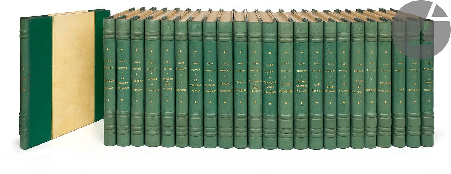 GUITRY (Sacha).
[Œuvres].
Paris : Raoul Solar, 1949-1957. — 48 volumes in-8 en 4 séries de 12 volumes, demi-chagrin orange (1ère série), vert (2e et 3e séries) et bordeaux (4e série) à larges bandes, filets dorés, dos à nerfs, tête dorée, non rogné, couverture et dos conservés (reliure de l’époque).

Ensemble complet des œuvres de Sacha Guitry publiées par Raoul Solar, formé de 4 séries de 12 titres. Éditions illustrées et en partie originales.
Chaque exemplaire est, pour la première série, l’un des 600 exemplaires sur vélin de Johannot réservés pour l’Amérique, et pour les autres séries l’un des 2870 numérotés sur vélin d’Annonay.

Première série, 500 ANS D’HISTOIRES DE FRANCE :
Histoires de France (1949. Ill. de Guy Arnoux, Galanis, Gradassi, Henri Jadoux, Georges Lepape, Touchagues, Roger Wild) - Frans Hals ou l’admiration (1949. Ill. de Galanis) - Jean de La Fontaine (1950. Ill. de Georges Lepape) - Le Bien-Aimé (1950. Ill. de Guy Arnoux) - Mozart (1950. Ill. de Jean Gradassi) - Beaumarchais (1950. Ill. de Henri Jadoux) - Cinq comédies (1950. Ill. de Guy Arnoux, Brissaud, Michel Ciry, Touchagues, Roger Wild) - Talleyrand (1950. Ill. de Pierre Brissaud) - Deburau (1950. Ill. de Jean Boullet) - Mariette ou comment on écrit l’histoire (1950. Ill. de Touchagues) - Pasteur (1950. Ill. de Roger Wild) - Béranger. Le Second Empire. Monsieur Thiers. Clémenceau (1950. Ill. de Michel Ciry, Gradassi, Jean Boullet, Guy Arnoux).

Deuxième série, L’AMOUR  :
Je t’aime (1950. Ill. de Touchagues) - N’écoutez pas mesdames ! (1950. Ill. de Jacques Ferrand) - Le Lion et la poule (1951. Ill. de Roger de Valerio) - Mon Père avait raison (1951. Ill. de Pérot) - La Prise de Berg-op-Zoom (1951. Ill. de Pierre Noël) - Elles et toi. Constance (1951. Ill. de Suzanne Ballivet) - L’Accroche cœur. Françoise (1951. Ill. de Paulette Humbert, Gradassi) - La Pélerine écossaise (1951. Ill. de Grau Sala) - Le Soir d’Austerlitz (1951. Ill. de Valentin Le Campion) - Le Veilleur de nuit. Le Soir quand on est seul (1951. Ill. d’Yves Trevedy et Jean Gradassi) - L’Amour masqué (1951. Ill. de Marianne Clouzot) - La Jalousie (1951. Ill. de Maurice Leroy).

Troisième série, JUBILÉ  :
L’Illusionniste. Deux couverts (1952. Ill. de Jean Cocteau, Henri Jadoux, Georges Lepape) - Désiré (1952. Ill. de Touchagues) - Toâ (1952. Ill. de Trevedy) - Une Folie (1952. Ill. d’Yves Trevedy) - Le Nouveau testament (1952. Ill. de Paulette Humbert) - Un Sujet de roman (1952. Ill. de Henri Jadoux) - Le Voyage de Tchong-Li (1952. Ill. de Marianne Clouzot) - Faisons un rêve. Villa à vendre (1952. Ill. de Suzanne Ballivet et de Georges Lepape) - Jean III. Adam et Eve (1953. Ill. de Lucien Boucher) - Le Mari, la femme et l’amant. Une Lettre bien tapée. Je sais que tu es dans la salle (1953. Ill. de Vertès et Jean Boullet) - La Fin du monde (1953. Ill. de Galanis) - Le Comédien (1953. “Illustré par des souvenirs”).

Quatrième série, VARIÉTÉS  :
Lucien Guitry raconté par son fils (1953. Illustrée de photographies) - Et puis voici des vers (1954. Ill. de Suzanne Ballivet, Émile Compard, Georges Lepape et l’auteur) - Quadrille (1954. Ill. de Touchagues) - Quatre ans d’occupations 1940-1941 (1954) - Quatre ans d’occupations 1942 à 1944 (1954) - 60 jours de prisons (1955. Ill. de Sacha Guitry) - La Maladie & mes médecins (1955. Ill. de l’auteur) - Châteaux en Espagne (1955. Ill. d’Yves Trevedy) - La Poison (1956. Ill. d’André Collot) - La Vie d’un honnête homme (1956. Ill. d’André Collot) - O mon bel inconnu (1957. Ill. de Henri Jadoux) - Les Desseins de la providence & Remontons les Champs-Élysées (1957. Ill. de Touchague et de Guy Arnoux).

Dos passés.

On joint :
- GUITRY (Sacha). 18 Avenue Élisée Reclus. Paris : Raoul Solar, [1952]. — In-8, demi-basane rouge, dos lisse, tranches mouchetées, couverture conservée (reliure du temps).
Édition originale.
Frottements d’usage au dos.