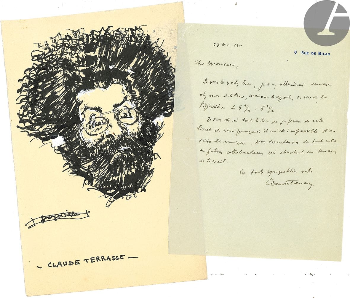 Claude TERRASSE (1867-1923). L.A.S., et son portrait par Georges VILLA.

27 novembre 1911, à un librettiste (1 p. in-8), lui donnant rendez-vous chez son éditeur. « Je vous dirai tout le bien que je pense de votre livret et aussi pourquoi il m’est impossible d’en écrire la musique »…
Portrait par Georges Villa, signé et légendé en bas à gauche ; encre de Chine avec rehauts de gouache blanche (21,5 x 14,5 cm).