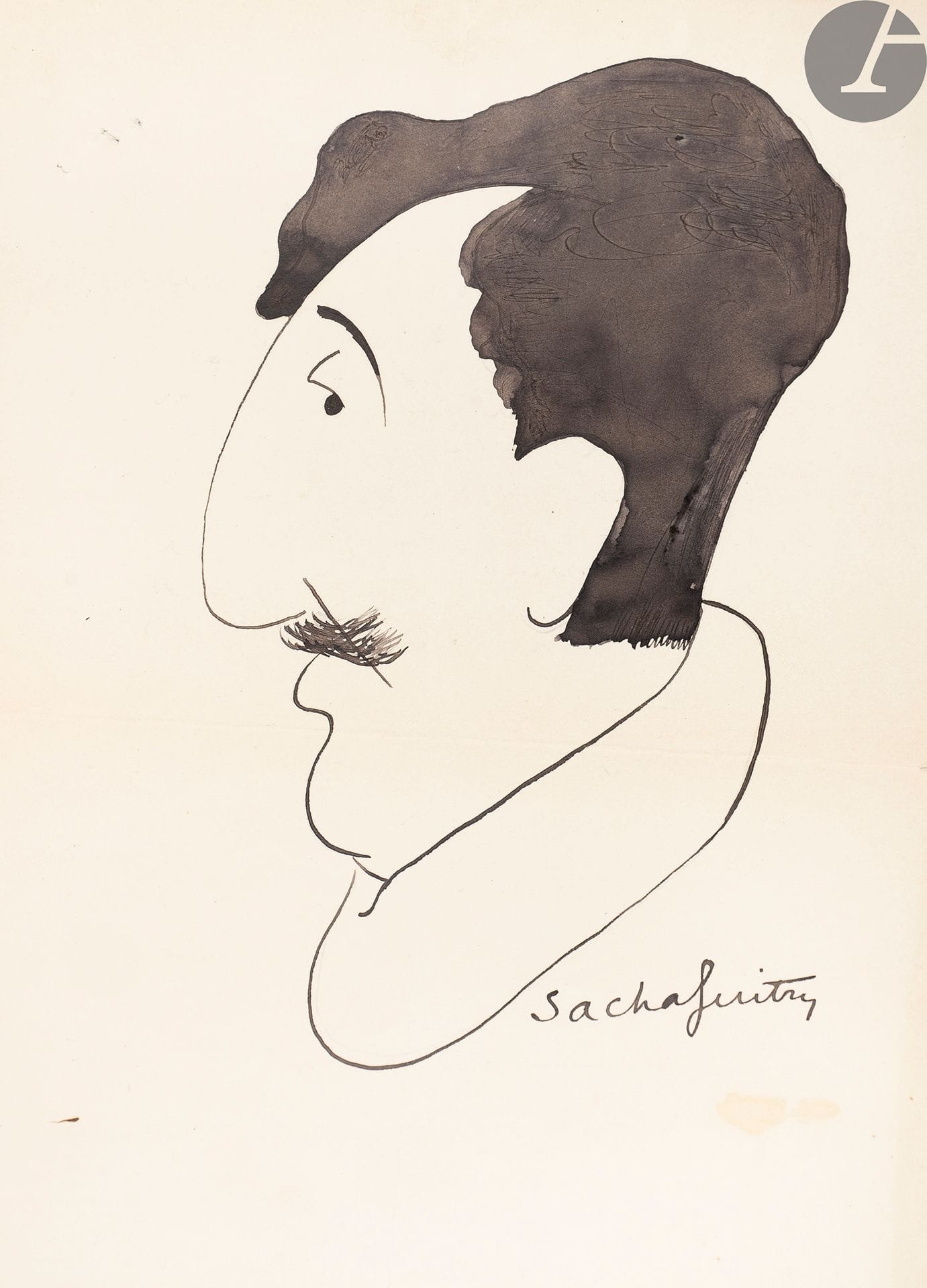 GUITRY (Sacha).
Des Connus et Des Inconnus
[Paris, 1903]. — Album in-4, 320 x 245 : (2 ff.), 25 planches, couverture muette. En feuilles, chemise cartonnée de l’éditeur, à dos de toile verte.

Édition originale du premier ouvrage publié par Sacha Guitry alors qu’il n’avait que 18 ans, consistant en un recueil de 25 caricatures de personnalités du monde du spectacle, dont une sur double page. Préface d’Alfred Capus.

Exemplaire enrichi d’un dessin original signé de Sacha Guitry, réalisé à l’encre de Chine, représentant un portrait-charge de l’auteur dramatique et critique Edmond Sée. Il est accompagné de la copie dactylographiée d’un texte de Guitry sur ce dernier.

Quelques usures à la chemise et aux liens, déchirure à la pliure centrale des deux premiers feuillets. Quelques rares piqûres.
Provenance : Jacques Amigues dit Georges Lemaire, avec ex-libris.