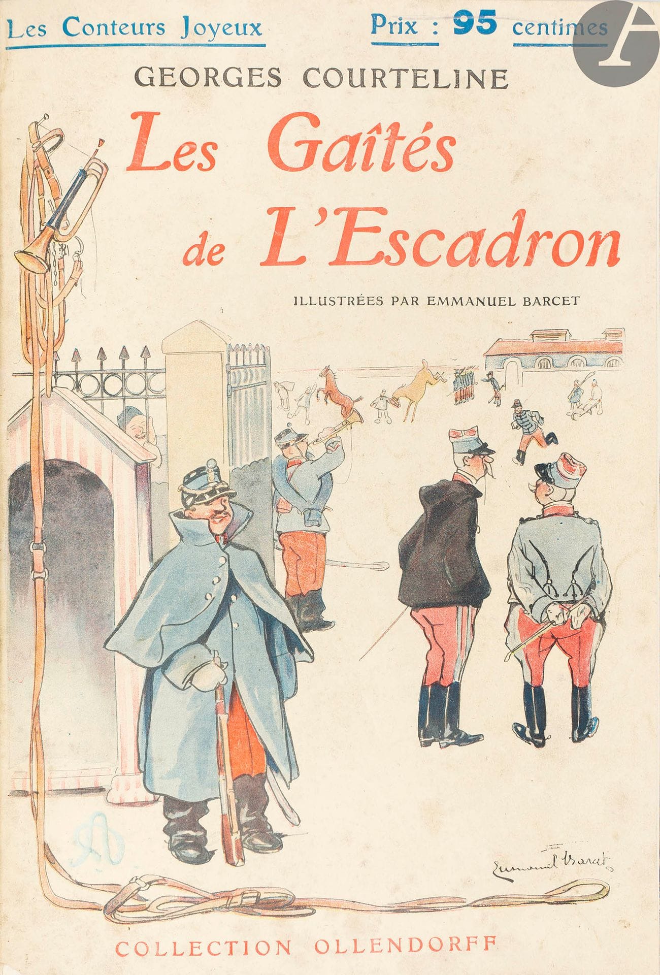 COURTELINE (Georges).
[Œuvres].
Paris : [divers], 1895-1915. — 10 volumes in-8, 237 x 163. Bradel demi-toile bleu foncé, dos lisse, tête dorée, non rogné, couverture conservée (Kama Rok).

Ensemble de titres de Georges Courteline parus dans diverses collections populaires illustrées du début du XXe siècle, certains en édition originale.

Comprend :
- Les Gaîtés de L’Escadron. Illustrations de Emmanuel BARCET. Paris : Société d’éditions littéraires et artistiques, Librairie Paul Ollendorff, [1909].
Édition publiée dans la collection « Les Conteurs Joyeux ». Exemplaire enrichi de deux portraits de l’auteur (reproduction d’un tableau en noir et reproduction d’une photographie en noir) ainsi que d’UNE BELLE L.A.S. de Courteline, 1 page 1/4 in-8, adressée à Catulle Mendès à qui il demande 20 lignes pour le Journal de samedi à propos du succès de sa pièce Gaîtés de l’Escadron jouée au théâtre Antoine.
- Le Train de 8h. 47. La Vie de caserne. Illustrations de POULBOT. Paris : Calmann-Lévy, [1909].
Édition publiée dans la collection « Nouvelle Collection illustrée » des éditions Calmann-Lévy, illustrée de compositions en noir de Poulbot.
- Messieurs Les Ronds-de-Cuir. Tableaux-roman de la vie de bureau. Illustrations de POULBOT. Paris : Calmann-Lévy, [1908].
Édition publiée dans la collection « Nouvelle Collection illustrée » des éditions Calmann-Lévy, illustrée de compositions en noir de Poulbot.
- Boubouroche. Illustrations de F. GOTTLOB. Paris : Calmann-Lévy, [1907].
Édition publiée dans la collection « Nouvelle Collection illustrée » des éditions Calmann-Lévy, illustrée de compositions en noir de Fernand Gottlob.
- La Cinquantaine. Scène populaire en un acte. Paris : Ernest Flammarion, [1895]. — Le Gendarme est sans Pitié. Comédie en un acte. Paris : Ernest Flammarion, [1899]. — Monsieur Badin. Scène de la vie de bureau. Saynète en un acte. Et L’Extra-Lucide, saynète en un acte. Paris : Ernest Flammarion, [1899]. — Le Commissaire est bon enfant. Comédie en un acte. Paris : Ernest Flammarion, [1900].
Ensemble de 4 pièces parues dans la collection « Les pièces à succès », réunies en un volume. Le Gendarme est sans Pitié, écrite en collaboration avec Édouard Norès, est en édition originale. Édition en partie originale de Monsieur Badin et L’Extra-Lucide. Chaque titre est illustré de 12 ou 13 similis gravures. Seuls les premiers plats de couverture sont conservés.
- Coco, Coco & Toto. Illustrations de A. BARRÈRE. Paris : Ernest Flammarion, [1910].
Édition collective parue dans la « Collection illustrée ». 
- Les Linottes. Illustrations de Ch. Roussel. Paris : Ernest Flammarion, [1915].
Édition parue dans la « Collection illustrée ». 
- Les Gaietés de l’escadron. Le Commissaire est bon enfant. Monsieur Badin. Théodore cherche des allumettes. Illustrations d’après les croquis de BARRÈRE. Paris : Arthème Fayard et Cie, [1913].
Édition collective, parue dans la collection « Modern-Théatre ». Exemplaire enrichi d’une biographie de Courteline imprimée sur vergé, d’un portrait de l’auteur gravé par Adolphe Lalauze et, sur le faux titre, de la copie autographe signée par Courteline de deux répliques tirées des Gaités de l’Escadron.
- Boubouroche. L’Article 330. Lidoire. Les Balances. Gros chagrins. Les Boulingrin. La Conversion d’Alceste. Illustrations d’après les dessins de BARRÈRE. Paris : Modern-Théatre, [1911].
Édition collective parue dans la collection « Modern-Théatre ». Exemplaire enrichi d’une planche en couleurs de Joseph Hémard.
- Un client sérieux. Le Gendarme est sans pitié. La Voiture versée. La Paix chez soi. Hortense, couche-toi ! La Peur des coups. Le Droit aux étrennes. Une lettre chargée. Illustrations d’après les dessins de BARRÈRE. Paris : Arthème Fayard, [1912].
Édition collective parue dans la collection « Modern-Théatre ».

Exemplaires en reliures uniformes de Kama Rok, excepté le volume 7 qui est en pleine toile avec une illustration en couleurs sur toile blanche incrustée sur le premier plat. Quelques défauts et salissures à certaines couvertures.