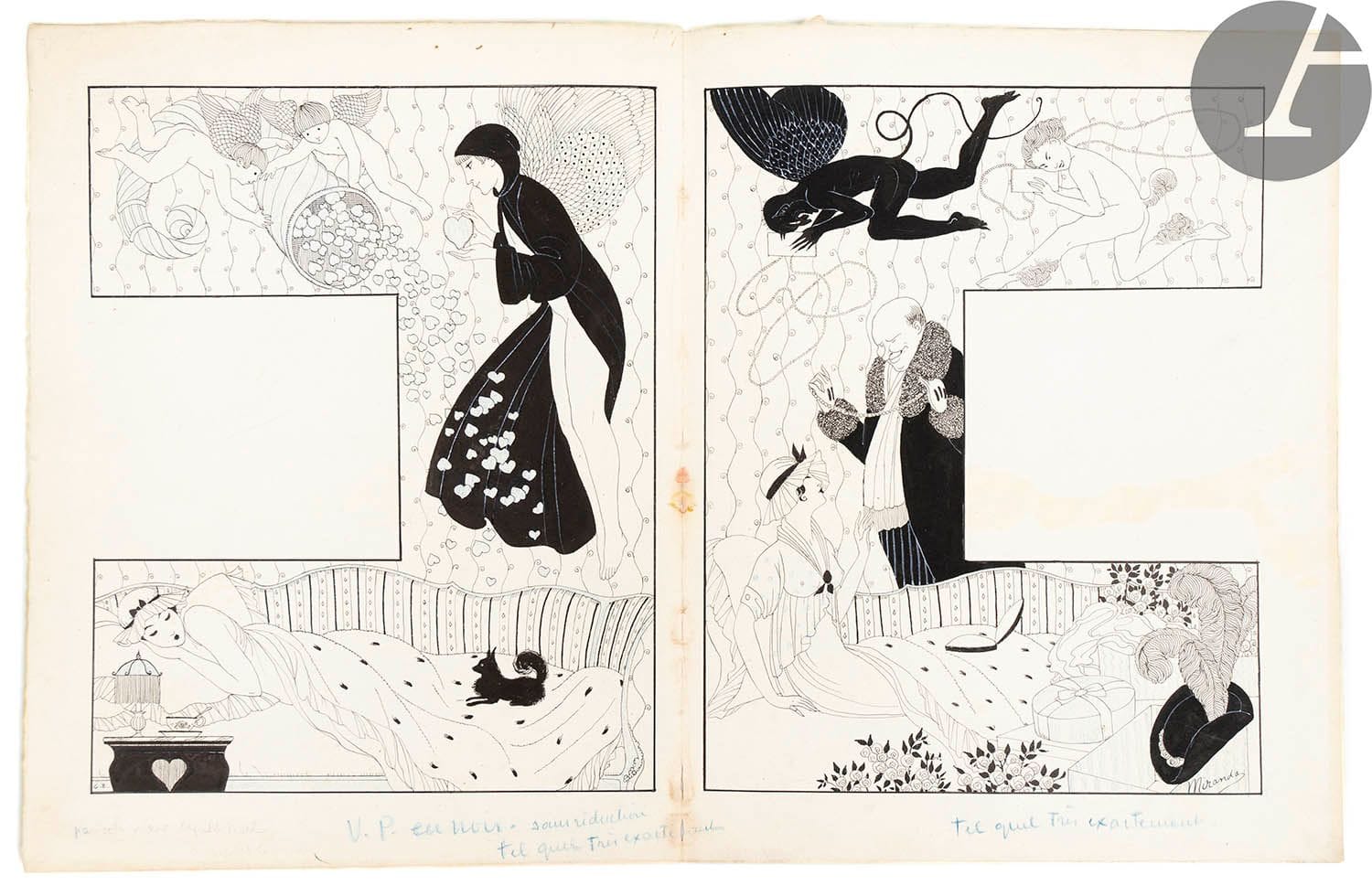 BARBIER (George) - FLAMENT (Albert).
Characters of Comedy.
Paris : Meynial, [1922]. - In-folio, 366 x 282 : (34 ff. 2 first and last blank), illustrated cover. Green jansenist morocco, smooth spine with gilt title, blue-green moiré lining and endpapers, gilt edges, cover and spine preserved, case (Cretté-Lobstein).

One of the best Art-deco books and one of the most beautiful books illustrated by George BARBIER.

Based on a text by the journalist and novelist Albert Flament, the artist created a headband on the false title (reproduced on the cover), a vignette on the title, 12 full-page figures, 2 headbands, 22 lettering and a cul-de-lampe, all wood-engraved in colour by François-Louis Schmied who also drew the text and printed the book on his hand presses.

The edition was printed at 150 numbered copies on wove paper (n° 10).

This copy is enriched with two original drawings signed by George Barbier with his initials, on a double sheet (307 x 484 mm), done in Indian ink with blue pencil highlights, for two illustrations of the same book or magazine. They include indications of reproductions in blue. Mottling.

Beautiful jansenist binding by Cretté-Lobstein.
Spine faded. Transfer of the illustrations to the facing leaves.












