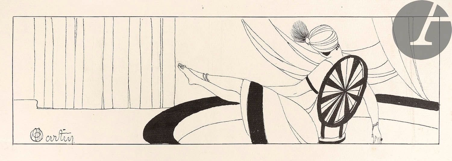 SATIE (Erik) - MARTIN (Charles).
Sports & divertissements.
Paris : Lucien Vogel, [1914-1923]. — Album in-folio oblong, 390 x 437 : (42 ff). En feuilles, sous chemise cartonnée et illustrée de l’éditeur.

Édition originale des partitions d’Erik Satie et premier tirage des illustrations de Charles MARTIN.

L’ouvrage se compose d’un titre illustré d’une vignette en noir de Martin, comprenant au verso une préface de Satie accompagnée de la partition d’un Choral inappétissant que le musicien dédie à ceux qui ne l’aiment pas. On trouve à la suite 20 partitions reproduites, comme la préface, en fac-similé de l’écriture du compositeur, avec le titre de la pièce imprimé au recto, accompagné d’une vignette en noir de Martin. Le dernier feuillet comprend la table et la justification.

Un des 225 exemplaires comprenant 20 planches de Charles Martin enluminées au pochoir par Jules Saudé, illustrant chacune des partitions. Celui-ci n’est pas numéroté mais ferait partie des 215 numérotés de 11 à 225. Tout le tirage a été fait sur papier vergé de Hollande.

Exemplaire enrichi d’un dessin original signé de Charles Martin à l’encre de Chine sur papier vergé, représentant une femme assise dans une loge dans une salle de spectacle.

Défauts d’usage à la chemise, quelques déchirures au dos. Manque les liens. L’intérieur est parfaitement conservé.