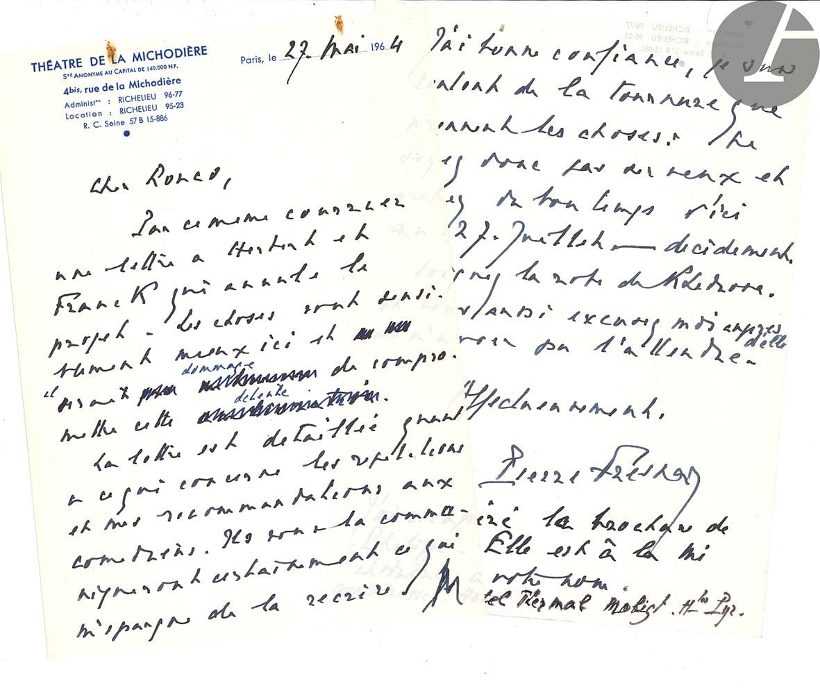 Pierre FRESNAY (1897-1975). 2 L.A.S., 2 postcards and 2 autograph notes, and a corrected typescript; 80 letters to him, mostly L.A.S., many with autogr. drafts or minutes or copies of replies.

 Friendly letters; corrected typescript of an article, La Caméra et le comédien, for the Revue de la Pensée française (Nov. 1951).

Letters to Fresnay by Nourredine Aba (3), Denys Amiel (3), Michel André, Jean Anouilh, Gabriel Arout, Maurice Bessy, J. Bernard-Luc, Louis Beydts, Gabriel Bouillon, Albert Boussac Saint-Marc, Henri Busser, Gilbert Cesbron (10, and a typescript of his play Pauvre Philippe with a long autogr. by Fresnay), Jacques Charpentier, Henri Decoin, Jacques Deval, Albert Dubeux (6), Roger Gaillard, Bernard Gavoty (3), Paul Géraldy (4), Claude Jamet, Jean Jardin (4), André Lang, Roland Laudenbach, Léopold Marchand, Louis Merlin (3), Jacques Porel, Claude-André Puget (3), André Roussin (3), Pasteur Vallery-Radot, Pierre Véry (10, tears to 3 letters), etc. Plus the book by A. Dubeux, Pierre Fresnay (1950); and J. Bernard-Luc, La Lune est bleue (1955) with dispatch to P. Fresnay

Attached is a large file concerning the Mutuelle Nationale des Artistes, 1951-1964, with numerous notes and drafts of autograph letters from Pierre Fresnay, contesting the management of the Mutuelle, letters addressed to him (Paul Bonifas, André Burgère, Louis Merlin, Maurice Rheims, etc.), reports, convocations, circulars, etc.