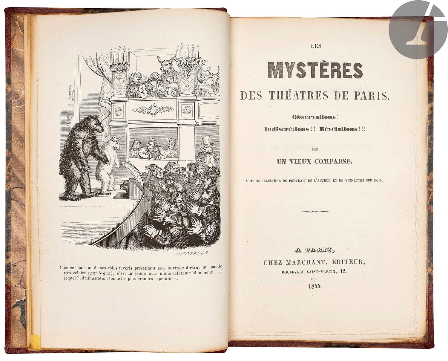 [TUFFET (Jean-Baptiste Salvador)].
Les Mystères des théâtres de Paris. Observations ! Indiscrétions !! Révélations !!! Par un vieux comparse.
Paris : Marchant, 1844. — In-18, 175 x 113 : frontispice, 432 pp., 11 planches, couverture imprimée. Demi-maroquin à long grain fauve à coins, filets dorés, dos à nerfs orné, non rogné, couverture et dos conservés (Stroobants).

Édition originale de cet ouvrage plaisant sur les théâtres de Paris, rempli d’anecdotes et d’observations amusantes, composé par Jean-Baptiste Salvador Tuffet, secrétaire général de L’Odéon et historien des théâtres de boulevard.
L’édition fut imprimée sur papier vélin et illustrée de 12 jolies planches gravées sur bois et signées H. Paxardo.
Très bel exemplaire, à toutes marges, relié par Stroobants.
Frottements aux charnières.
Provenance : Victor Mercier, avec son ex-libris.

On joint :
- GONCOURT (Edmond et Jules) - HOLFF (Cornélius). Mystères des théâtres. 1852. Paris : Librairie nouvelle, 1853. — In-8, 227 x 140 : (2 ff.), 519 pp., couverture imprimée. Bradel demi-toile bleu clair à coins, dos lisse, non rogné, couverture conservée (reliure de la fin du XIXe siècle).
Édition originale de ce recueil de feuilletons dramatiques, notamment le compte-rendu de La Dame aux Camélias. Cornélius Holff était le pseudonyme de Charles de Villedeuil, cousin des Goncourt.
Rousseurs.