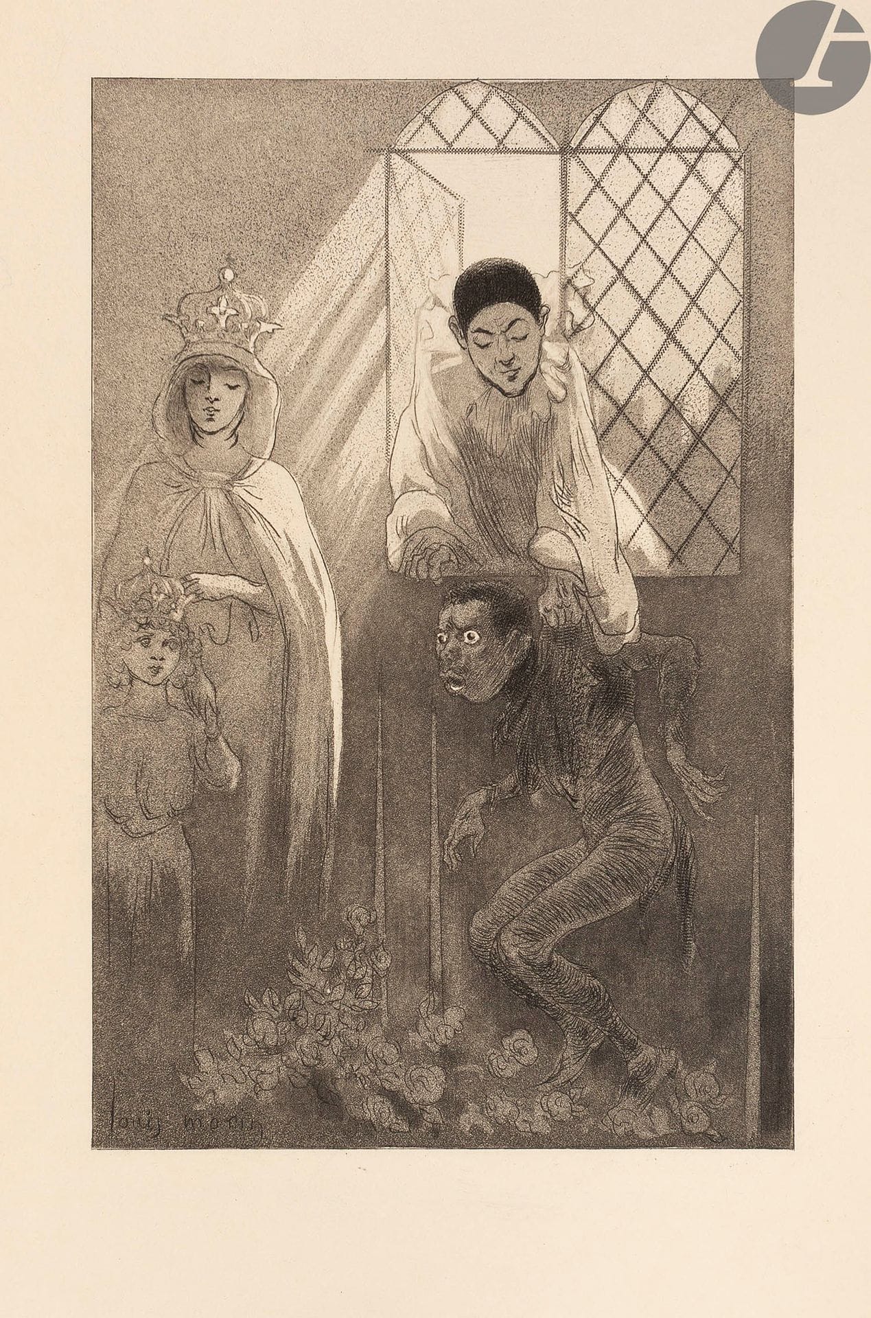 MORIN (Louis).
Carnavals Parisiens.
Paris : Montgredien et Cie, Librairie illustrée, [1898]. — In-12, 183 x 120 : (4 ff. premier blanc), X pp., (1 f.), 186 pp., (1 f.), couverture illustrée. Maroquin rouge, plats ornés d’un cadre de trois filets dorés et d’une marotte dorée aux angles, ainsi que d’une composition en losange dorée au centre, dos à nerfs orné, maroquin rouge en encadrement à l’intérieur, orné d’un double filet doré et d’une marotte dorée aux angles, doublures et gardes de soie moirée mauve, doubles gardes de papier marbré, tête dorée, non rogné, couverture et dos conservés (Joly fils).

Édition originale de cet ouvrage plaisant destiné à mettre de la fantaisie dans l’ennui ambiant de l’époque : « Cet ennui qui nous prend, à cause de la tristesse, de la laideur et de l’hypocrisie qui nous environnent, doit être partagé par bien des gens : qu’ils réclament avec nous un peu de couleur et un peu de fantaisie » (page 181).

Morin fait ainsi l’apologie des fêtes parisiennes et montmartroises en particulier, à l’époque des grands cabarets. L’ouvrage est divisé en 8 parties : Bals d’artistes - Les peintres de la Butte - Bals publics. L’Opéra - Le Moulin Rouge - Les étudiants - La rue - Le Bœuf gras - Les lavoirs et la réclame.

L’intérêt de l’ouvrage provient également du grand nombre d’illustrations en noir et en couleurs dans le texte composées avec humour par l’auteur.

Un des 125 exemplaires sur japon, celui-ci étant plus précisément l’un des cent numérotés de 26 à 125, numérotés et signés par l’auteur à la justification (n° 59).

Très bel exemplaire relié par Joly fils, complet de la couverture conservée d’un seul tenant et pliée en tête.

On joint :
- HENNIQUE (Léon). La Rédemption de Pierrot. Pantomime (Interdite par l’autorité compétente). Paris : Librairie des amateurs, A. Ferroud, F. Ferroud, succr, 1903. — In-8, 221 x 141 : 40 pp., (1 f.), 1 planche, couverture imprimée. Broché, couverture rempliée.
Édition originale tirée à 151 exemplaires, illustrée de 5 eaux-fortes de Louis MORIN, dont deux dans le texte, une hors texte et deux à pleine page.
Un des 150 exemplaires sur japon, celui-ci, faisant partie des 125 comprenant un état des eaux-fortes (n° 118), a été spécialement imprimé pour M. Hérissey, justifié et paraphé par l’éditeur. Il s’agit vraisemblablement de l’imprimeur Charles Hérissey (1849-1909).

Exemplaire très bien conservé.
