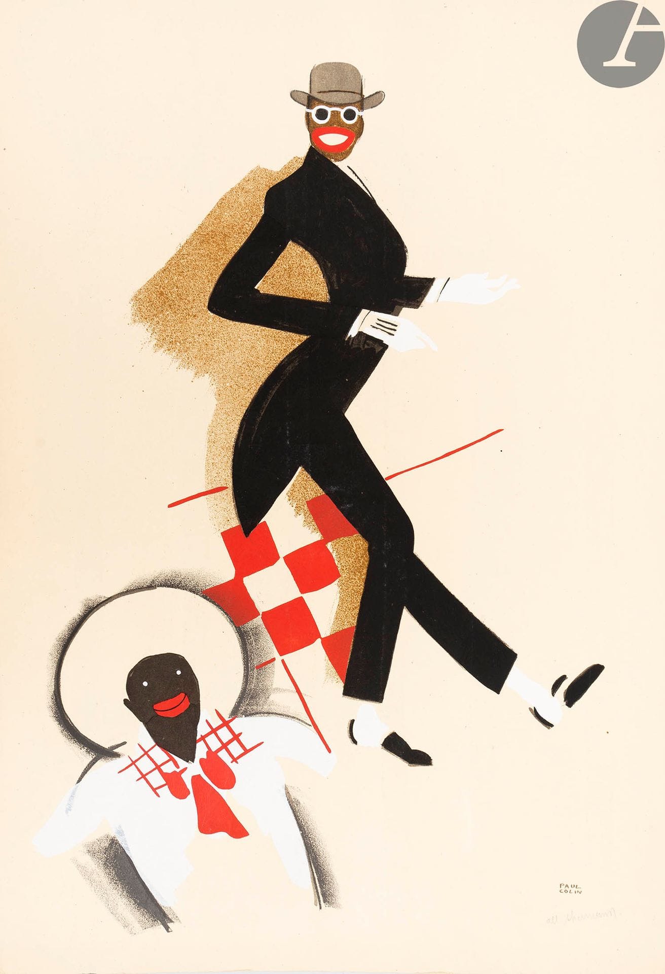 COLIN (Paul).
Le Tumulte noir.
Paris : Succès, [1929]. - Album in-folio, 472 x 318 : (29 ff.), printed cover. In sheets, filled cover.

First edition and first print run of this superb album, the first by the designer and poster artist Paul COLIN (1892-1985).

It is rightly considered as the artist's masterpiece, which magnifies Josephine Baker and the Revue nègre, a troupe that came from Broadway in 1925, which was made up of 15 musicians including Sidney Bechet and 13 dancers including Josephine Baker who was only 19 years old at the time. It was thanks in part to Colin and the posters he made featuring the dancer that she was able to launch her career and become one of the biggest stars of the music hall and a true icon of the Roaring Twenties.

This album is composed of 29 sheets, namely a justification sheet, a false title sheet, a title sheet with on the back an original lithograph entitled "Retour du music-hall", a sheet with Rip's introduction, 42 original lithographs, one of which on a double page, spread over 22 leaves, a humorous text by Josephine Baker in facsimile of her handwriting on fine paper, a calligram printed on grey wove paper (another calligram appears on the reverse of a lithograph), and a leaf with the mention of the printers.

In total, there are 43 lithographs coloured with the pattern by J. Saudé, 2 calligrams and 1 text by Josephine Baker in facsimile of her writing.

The edition of this album was limited to 520 copies. This one is one of the 500 on tinted vellum paper from Papeteries Aussedat. This edition, which seems important, is today to be reconsidered as complete copies have become rare.

Letter from the printers on the cover :
to Doctor Foust-sier, // the only creator of the marvellous // specific remedy against // old age and... negritis : the // formidable Neige des Cévennes // Henri Chachoin Édouard DupontExemplaire

comprenant le papillon précisant que " Cet album ne contient aucune publicité "


.


It is enriched with a greeting card for 1958, including on the front a composition by Paul Colin reproduced in black, and on the back these autograph greetings from the artist: "Best wishes while waiting for the joy of seeing you again. Paul Colin. - Yes, thank you again for the article.

Cover slightly soiled, tears on the back which has been reinforced. The crystal paper which covers the cover is glued. The interior has been reinforced later with a red paper flap folder, glued to the spine and to the inside of the second cover. The first and last leaves, which are the same sheet, containing the justification and the mention of the printers, show tears on the edges and at the central fold. All other leaves are perfectly preserved. Jacques Crépineau has placed the copy in a large rigid ribbon folder.



















