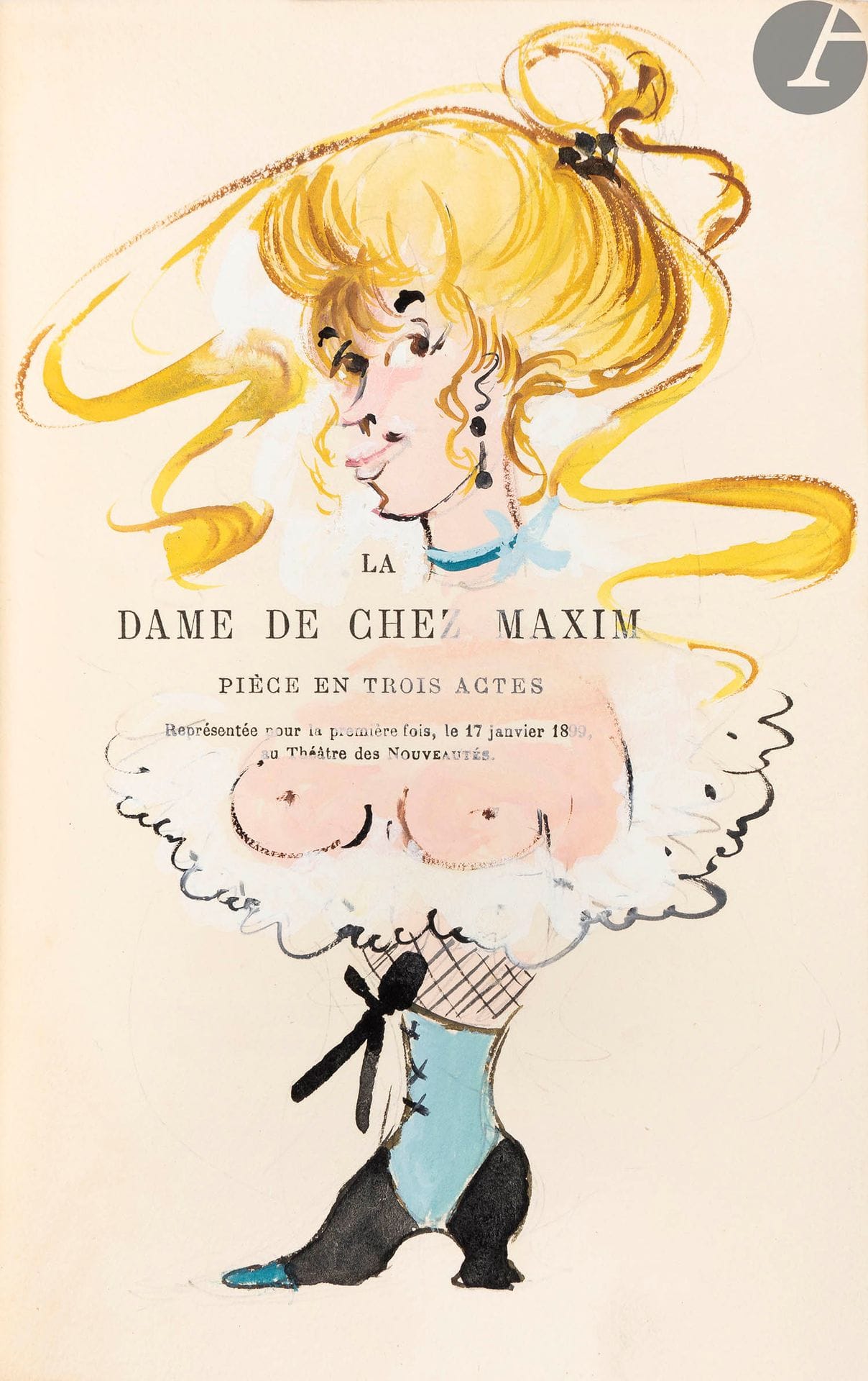 FEYDEAU (Georges
)La Dame de chez Maxim. Play in three acts. With the staging in accordance with the performance.
Paris : Librairie théâtrale, artistique et littéraire, 1914. - In-18, 215 x 140: (4 ff. first blank), 376 pp. (1 f. blank), printed cover. Red half-maroquin with corners, spine gilt, untrimmed, cover and spine preserved, slipcase (Alix).

First edition of this famous play by Feydeau, first performed on January 17, 1899 at the Théâtre des Nouveautés.
One of 22 copies on Hollande paper (n° 21).

A unique copy, later enriched with 7 original watercolours by Claude CATULLE (born in 1929), two of which are signed, placed on the false title as well as at the head and end of each act. Jacques Crépineau has in turn enriched it with an original photograph of the actress Armande Cassive, from the Manuel frères studio, creator of the role of la môme Crevette in the play, bearing her autograph signature dated 1927 (cut corners).

Good copy bound by Alix.

Cover restored and missing. Some minor foxing.

Provenance: ex-libris stamp " Ceci j'ai eu !».












