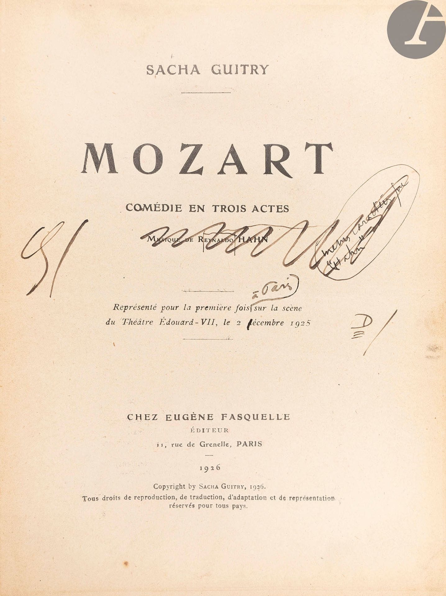 GUITRY (Sacha).
Mozart.
Paris : Eugène Fasquelle, 1926. - In-8 re-sized to in-4, 329 x 280. Red cloth with bradel, smooth spine, case (modern binding).

CORRECTED PROOF COPY of what is probably the only known copy of this attempted edition of Mozart, a comedy in three acts by Sacha Guitry first performed at the Edouard VII theatre on December 2, 1925. The main role was played by Yvonne Printemps.

This is an edition dated 1926 which never saw the light of day. It includes 4 unnumbered leaves and 98 pages. Each page has been corrected here, sometimes very extensively, by Sacha Guitry himself. There are many textual corrections but also layout corrections. There is also an entirely autograph page concerning the set. Some pages are dated 29 June 1920 (for 1926) and 1 July 1926. The original edition was not published until 1949, in volume 5 of the author's works, series Cinq cents ans d'histoires de France.

This copy was prepared by Jacques Crépineau who enriched it with 14 ORIGINAL COSTUMES STUDIES FOR THE CHARACTERS OF THE PLAY, INTENDED FOR THE FIRST REPRESENTATION OF 1925.

All these studies were done in watercolor with sometimes gouache highlights, in a 4-page format

.

Two are signed by Charles Bétout, nine bear the stamp of the Pascaud company which specialised in stage costumes, one bears the initials CB, and two bear neither stamp nor signature. The drawing of the costume for Sacha Guitry in the second act, has in addition a small sample of fabric pinned on.
Jacques Crépineau has added other documents relating to the play, some of lesser importance, including the original 1925 programme for the play and an original photograph by the Parisian photographer Waléry, depicting one of the scenes in the play.
All the proof sheets and the photograph have been re-sized to fit the drawings.











