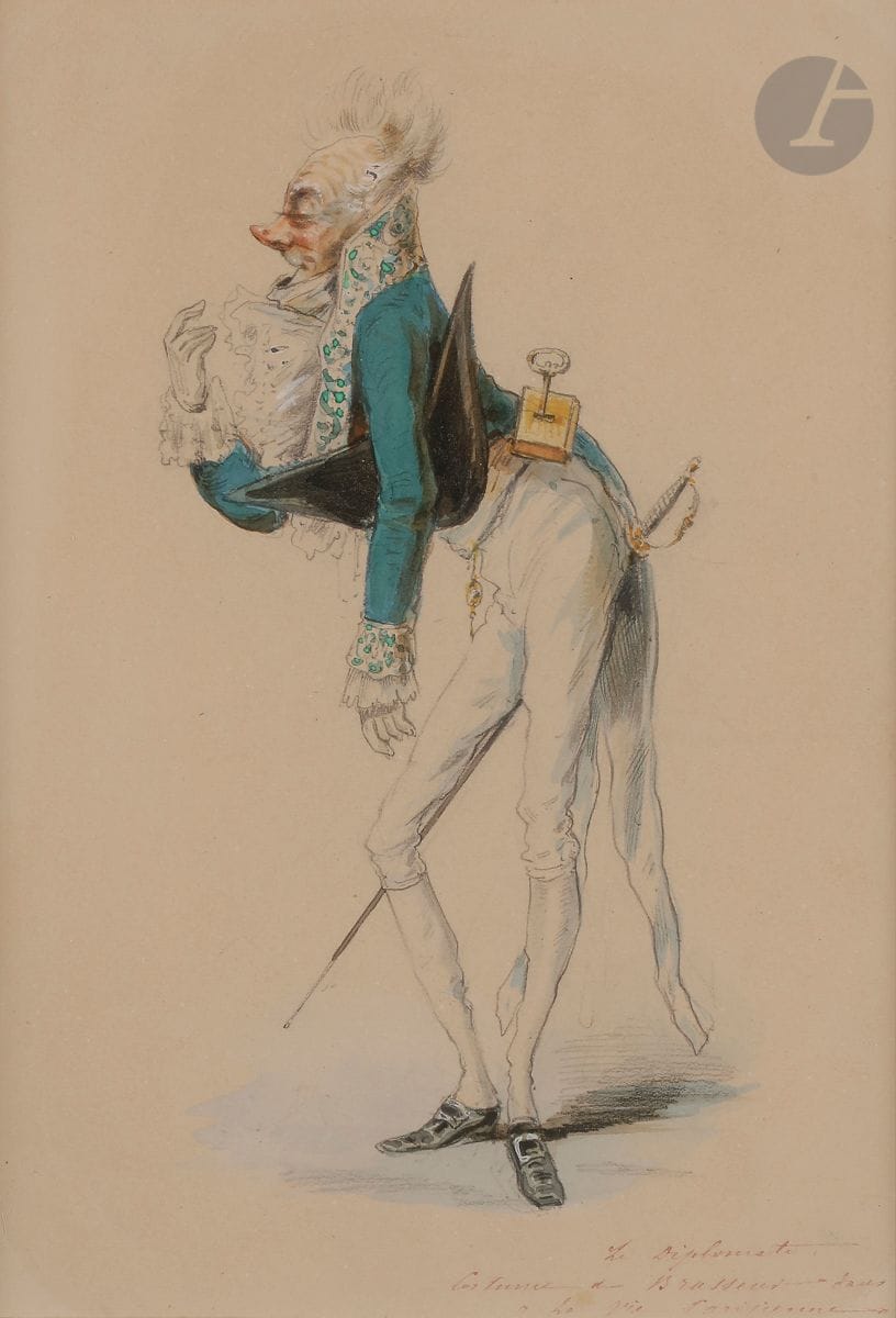 
Jules Renard DRANER (1833-1926)

Costume models for La Vie Parisienne (4) and La Grande Duchesse de Gerolstein (10): 

14 gouaches of which 13 on tracing paper pasted on paper.

Titled lower right. 

25,5 x 17,5 cm and 30 x 21,5 cm each



We find for La Vie Parisienne : 

- General Malaga de Porto Ricco interpreted by Lassouche

- Prince Adhémar de Manchabal played by Jules Brasseur 

- The diplomat played by Jules Brasseur 

- The Swiss Admiral played by Gil-Pèrès

We find for the Grand Duchess of Gerolstein : 

- Prince Paul played by Grenier (2) 

- Baron Grog played by G. Baron 

- Ladies in waiting 

- Baron Puch played by Kopp 

- Madame Schneider 

- Vanda played by Mlle Garait

- Private Fritz played by Dupuis (2)

- General Boum played by Couder

