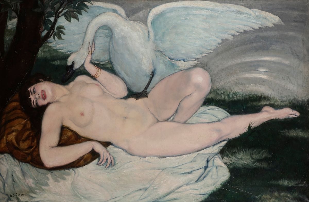 André MAIRE (1898-1984)
Léda et le cygne.
Huile sur toile.
Signée en bas à gauche.
(Enfoncement).
109 x 168 cm
Encadrée. 

Provenance : 
Vente Tajan, Paris, 19 mai 2003, n° 5.

Œuvre en rapport :
Matthieu Pinette, André Maire, peintre occidental, Somogy Éditions d’Art, Paris, 2002, p. 203.
