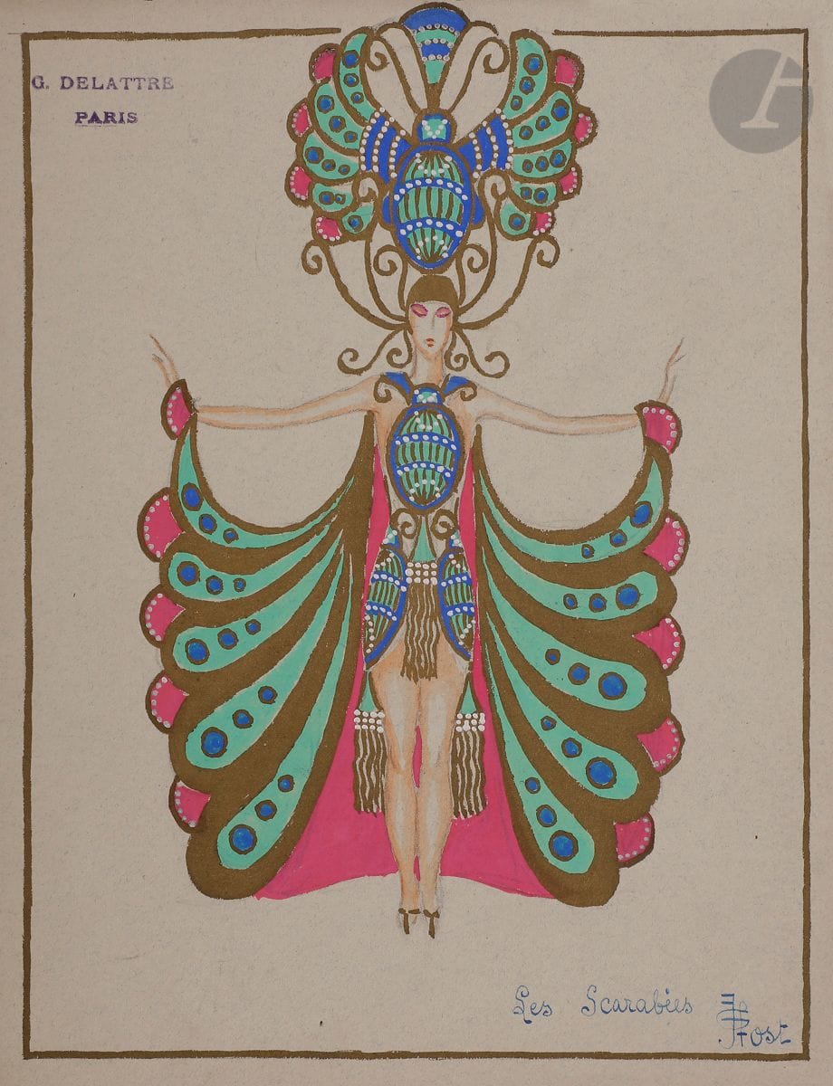 Henry-Raymond FOST (1905-1970
)Costume models including : The Scales - The Ibis - The Scarabs - The Palms - The Guards - The Papyrus7
gouaches and gold highlights.
Signed and titled lower right (one unsigned).
31,5 x 24,5 cm each



