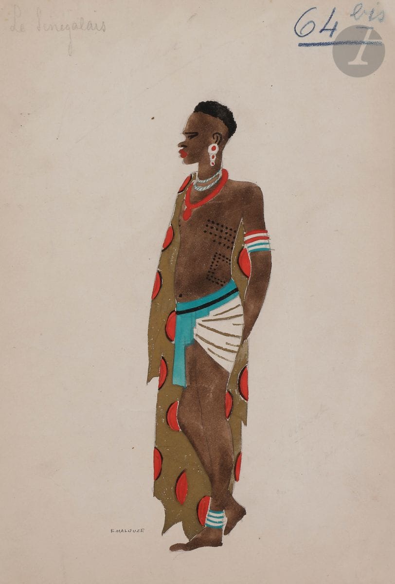 Édouard HALOUZE (1895-1958)
Maquettes de costumes : Le Torero, 1929 - La Madrilène pour une course de taureau à Madrid, 1929 - Sénégalais pour Un Coup de Folie aux Folies Bergère, 1928.
3 gouaches.
2 signées. 
29,5 x 20 cm - 32,5 x 23,5 cm - 28,5 x 19 cm

Exposition : 
Rêves de théâtre, Galerie Catherine Houard, 8 octobre - 13 novembre 2010.

Les costumes de Torero et de la Madrilène ont été réalisés pour la revue hispno-américaine Paris-Madrid-Buenos-Aires de Léo Lelièvre, Henri Varna et Fernand Rouvray, présentée au Palace en 1929.